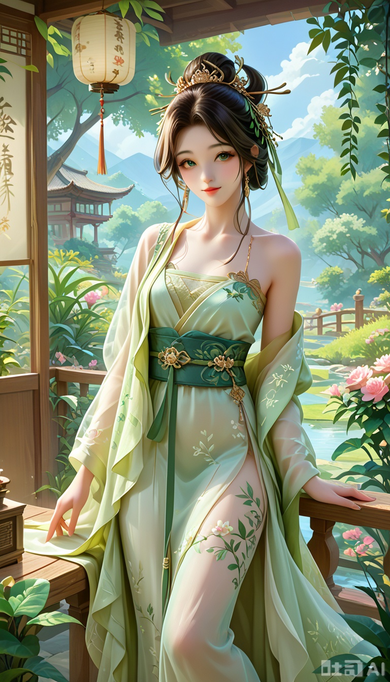 score_9, score_8_up, score_7_up,a female dressed in a traditional Hanfu, She wears a light-colored, flowing robe with intricate embroidery and a green belt, The robe has a sheer overlay, and she has a white floral accessory in her hair, The background features a serene garden setting with a wooden structure, possibly a gazebo or a bridge, and lush greenery,best hand,pretty eyes,