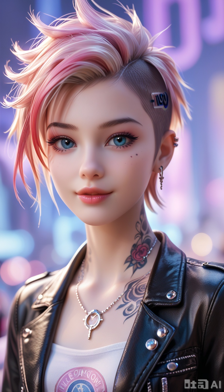score_9_up,score_8_up,score_7_up,Portrait,girl,punk,cute,seductive,innocent,light smile:0.3,plump lips,slender body,very short hair,multicolored hair,in high detailed textured black leather jacket,piercing,small tattoo,most iconic photo,London night background,4n1v3rs3,depth of field,dynamic angle,fashion photography,sharp,hyperdetailed:1.15,