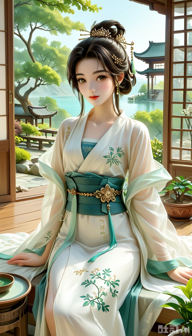 (score_9:1.1),,,Color white drawing style,Color white drawing style,. this is a highly detailed,digital illustration depicting a serene,east asian-inspired scene. the central figure is a young woman with delicate features,fair skin,and a gentle expression. she has long,dark hair styled in an elaborate updo adorned with delicate floral hairpins. her attire is a traditional,flowing white robe with intricate,embroidered details in shades of teal and gold,suggesting a historical or cultural context. the robe is cinched at the waist with a white sash,adding a touch of elegance and grace to her appearance.,the background features a minimalist,muted palette with earthy tones,enhancing the tranquil atmosphere. to the left,there is a meticulously detailed bonsai tree with lush,green foliage,placed in a small,rectangular pot. to her right,there's a traditional wooden pavilion with a curved roof,partially visible,adding an element of structure and balance to the composition. the woman sits gracefully on a stone bench,her posture exuding calmness and serenity. the overall style is refined and delicate,with a focus on traditional aesthetics and cultural symbolism. the illustration captures a moment of quiet contemplation,blending elements of nature,architecture,and human presence in a harmonious and serene manner.,