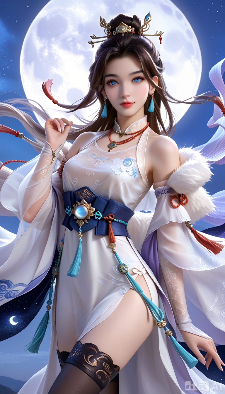 (score_9:1.1),1girl,solo,(upper_body:1.2),looking at viewer,(moon:1.1),(night:1.1),sky,night sky,(full moon:1.1),(huge planetary background:1.1),moonlight,solo,1girl,long_hair,hair_ornament,dress,jewelry,bare_shoulders,brown_hair,earrings,realistic,white_dress,detached_sleeves,black_hair,blue_eyes,tassel,chinese_clothes,fur_trim,see-through,boots,high_heels,tassel_earrings,necklace,white_footwear,black_footwear,thighhighs,fingernails,fingers,