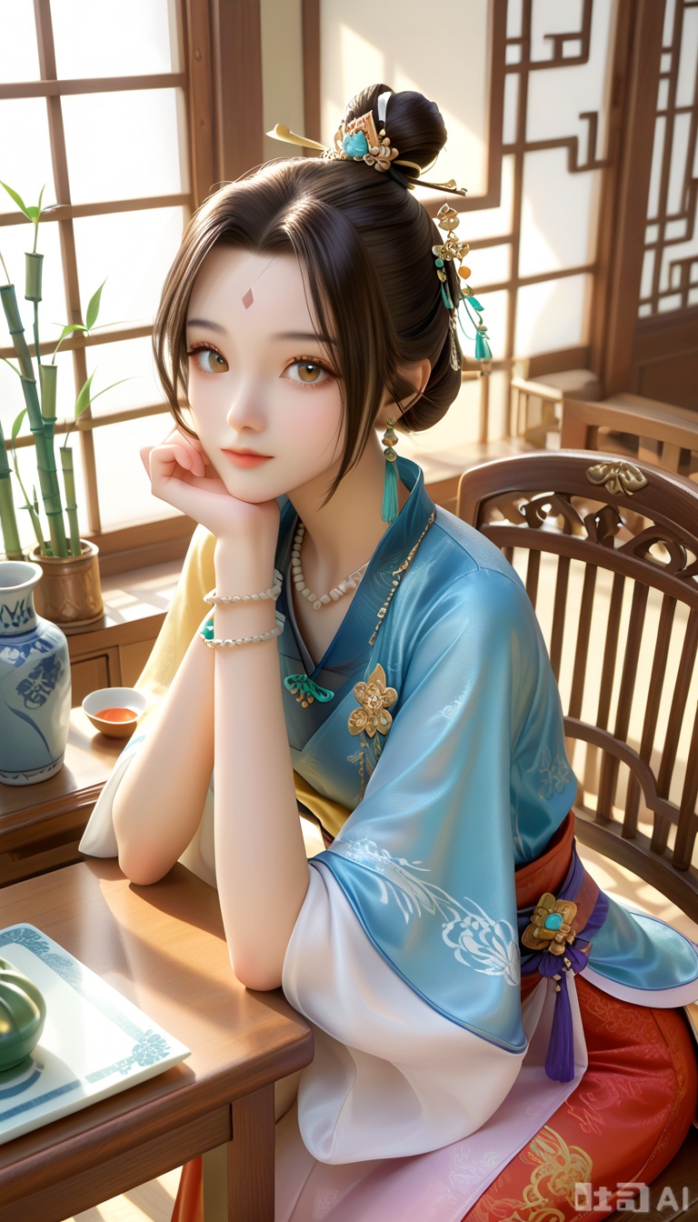 (score_9:1.1),,1girl,jewelry,sitting,hair ornament,table,chinese clothes,earrings,solo,hanfu,necklace,bracelet,beads,chair,yellow hanfu,black hair,hair bun,window,forehead mark,cup,brown hair,bamboo,closed mouth,single hair bun,vase,hand_on_own_chin,from_above,head rest,