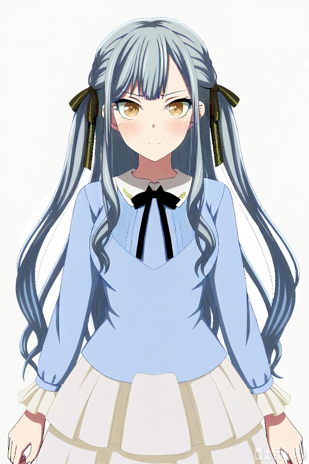 masterpiece, best quality,solo,((white background:1.2)),simple background,
looking at viewer,togawa sakiko,bangs,ribbon,hair ribbon,black ribbon,two side up,blue hair,grey hair,sidelocks,blunt bangs,yellow eyes,
