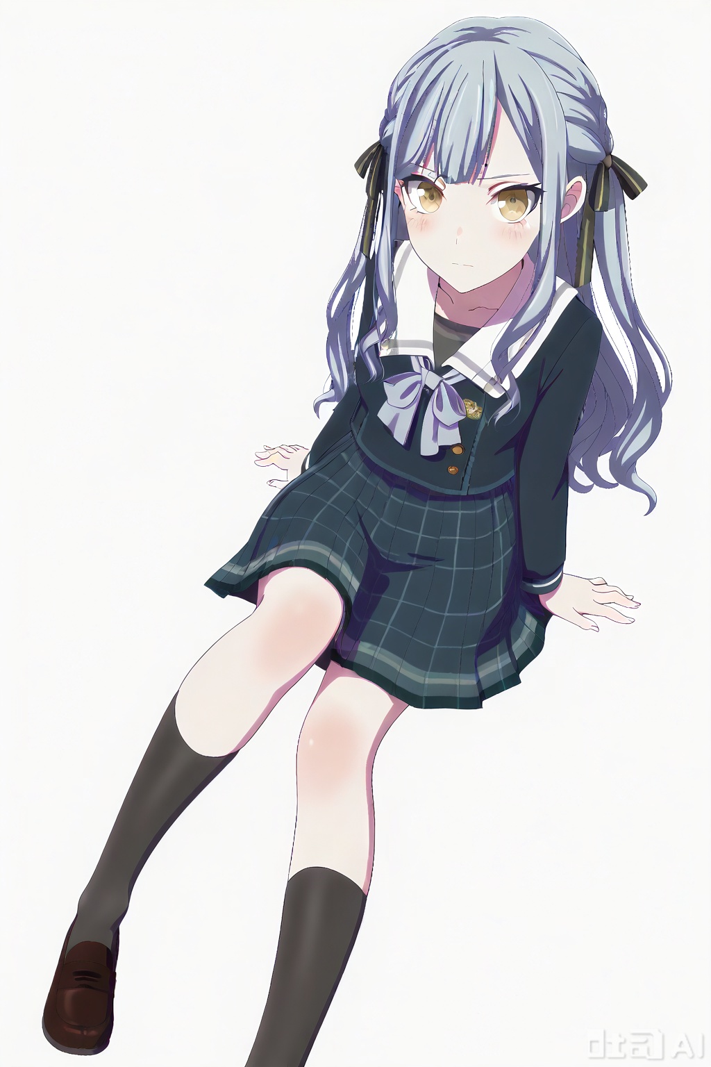 masterpiece, best quality,solo,((white background:1.2)),simple background,
looking at viewer,togawa sakiko,bangs,ribbon,hair ribbon,black ribbon,two side up,blue hair,grey hair,sidelocks,blunt bangs,yellow eyes,
Tsukinomori school uniform,serafuku,bowtie,sailor collar,navy blue plaid skirt,double-breasted,dress,navy blue pleated skirt,neckerchief,kneehighs,brown footwear,black socks,loafers,white sailor collar,blue neckerchief, navy blue school uniform with a white collar