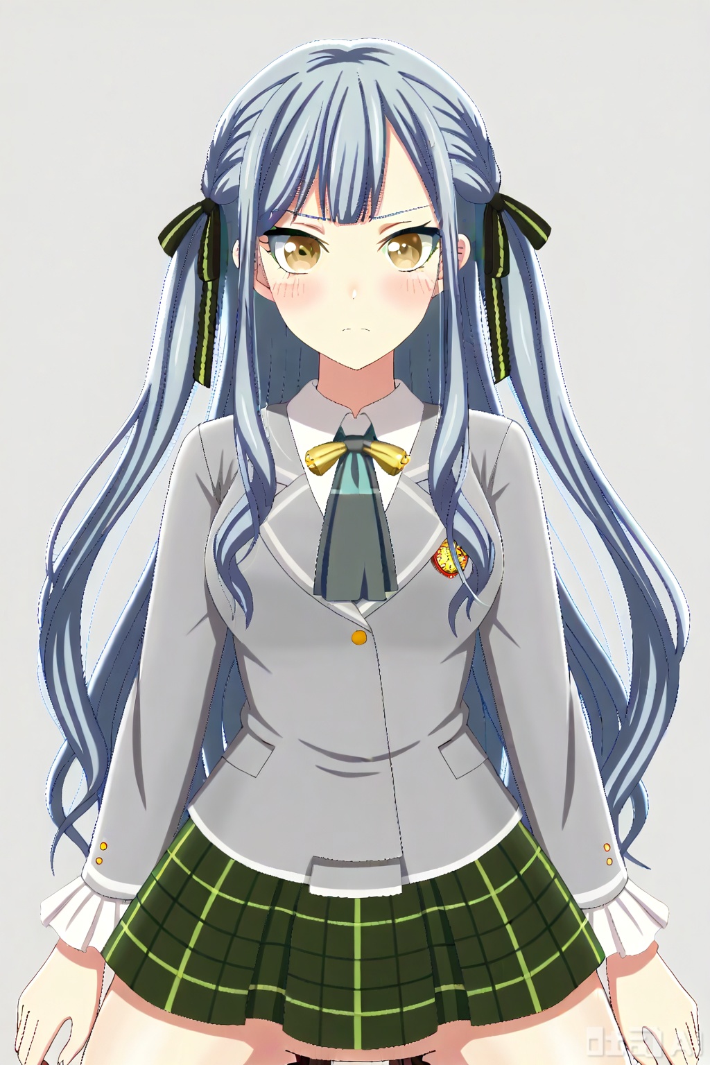 masterpiece, best quality,solo,((white background:1.2)),simple background,
looking at viewer,togawa sakiko,bangs,ribbon,hair ribbon,black ribbon,two side up,blue hair,grey hair,sidelocks,blunt bangs,yellow eyes,
Haneoka school uniform,green pleated skirt,necktie,shoes,black footwear, kneehighs,plaid skirt,black socks,loafers, grey jacket