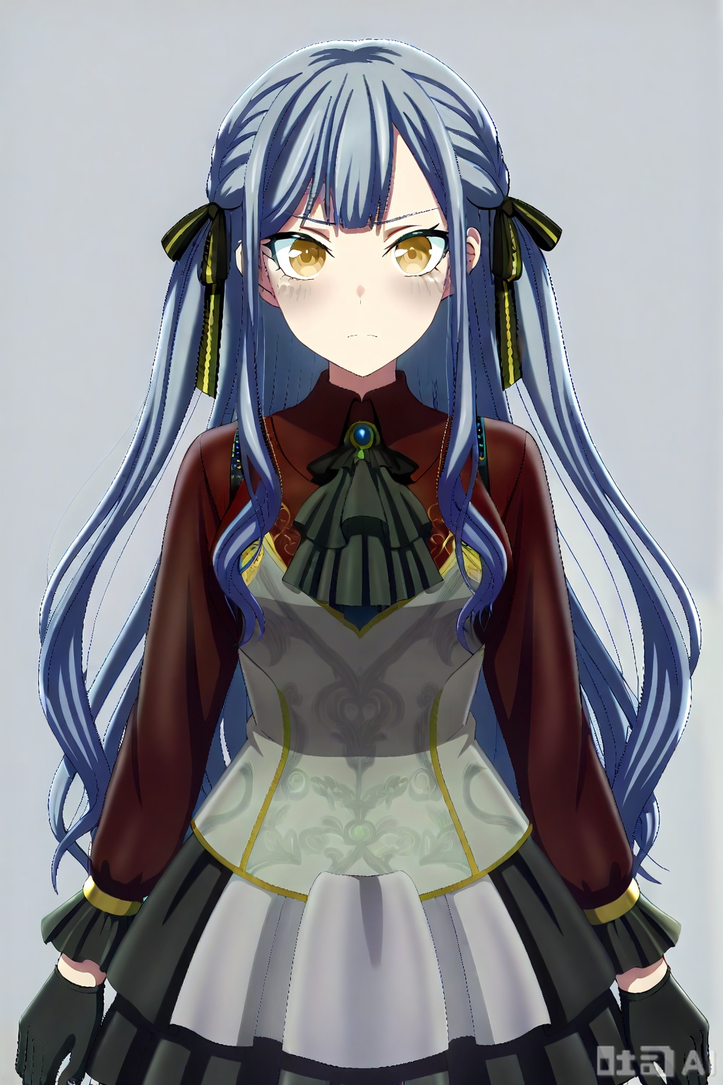 masterpiece, best quality,solo,((white background:1.2)),simple background,
looking at viewer,togawa sakiko,bangs,ribbon,hair ribbon,black ribbon,two side up,blue hair,grey hair,sidelocks,blunt bangs,yellow eyes,
Oblivionis type,short sleeves, black gloves,red collared shirt,puffy sleeves, jewelry,black dress,layered skirt, puffy short sleeves,black ascot,gold_trim