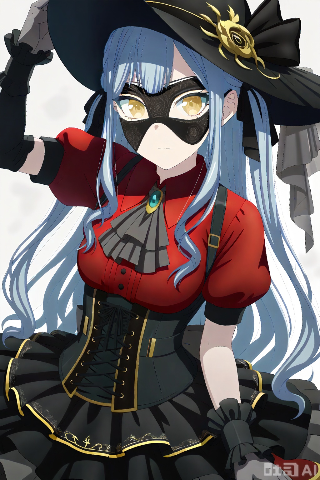 masterpiece, best quality,solo,((white background:1.2)),simple background,
looking at viewer,togawa sakiko,bangs,ribbon,hair ribbon,black ribbon,two side up,blue hair,grey hair,sidelocks,blunt bangs,yellow eyes,
 Oblivionis type,short sleeves, black gloves,red collared shirt,puffy sleeves, jewelry,black dress,layered skirt, puffy short sleeves,black ascot,gold_trim