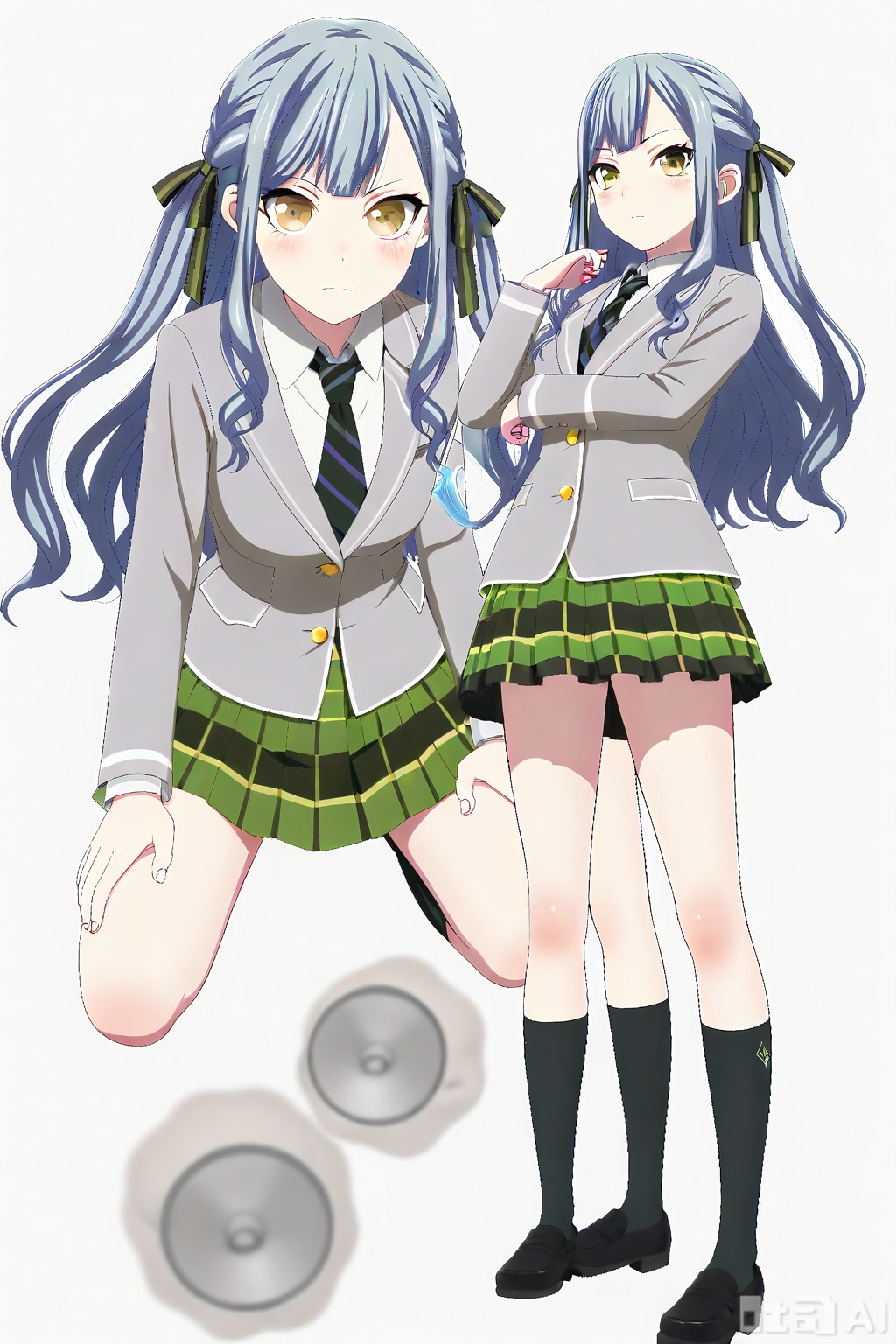 masterpiece, best quality,solo,((white background:1.2)),simple background,
looking at viewer,togawa sakiko,bangs,ribbon,hair ribbon,black ribbon,two side up,blue hair,grey hair,sidelocks,blunt bangs,yellow eyes,
 Haneoka school uniform,green pleated skirt,necktie,shoes,black footwear, kneehighs,plaid skirt,black socks,loafers, grey jacket