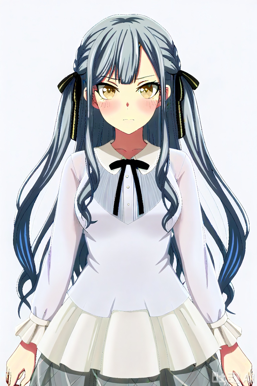 masterpiece, best quality,solo,((white background:1.2)),simple background,
looking at viewer,togawa sakiko,bangs,ribbon,hair ribbon,black ribbon,two side up,blue hair,grey hair,sidelocks,blunt bangs,yellow eyes,
medium hair,wavy hair,loli