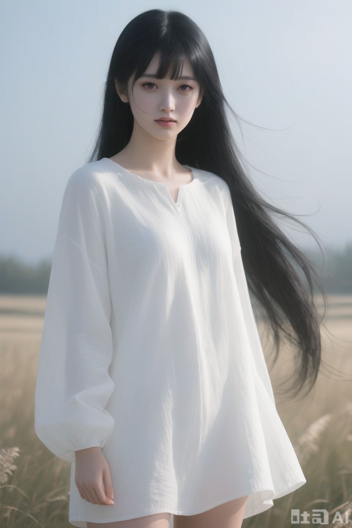1girl, solo, long hair, looking at viewer, bangs, shirt, black hair, long sleeves, dress, brown eyes, very long hair, standing, white shirt, outdoors, lips, wind, realistic, arms at sides, realistic, 