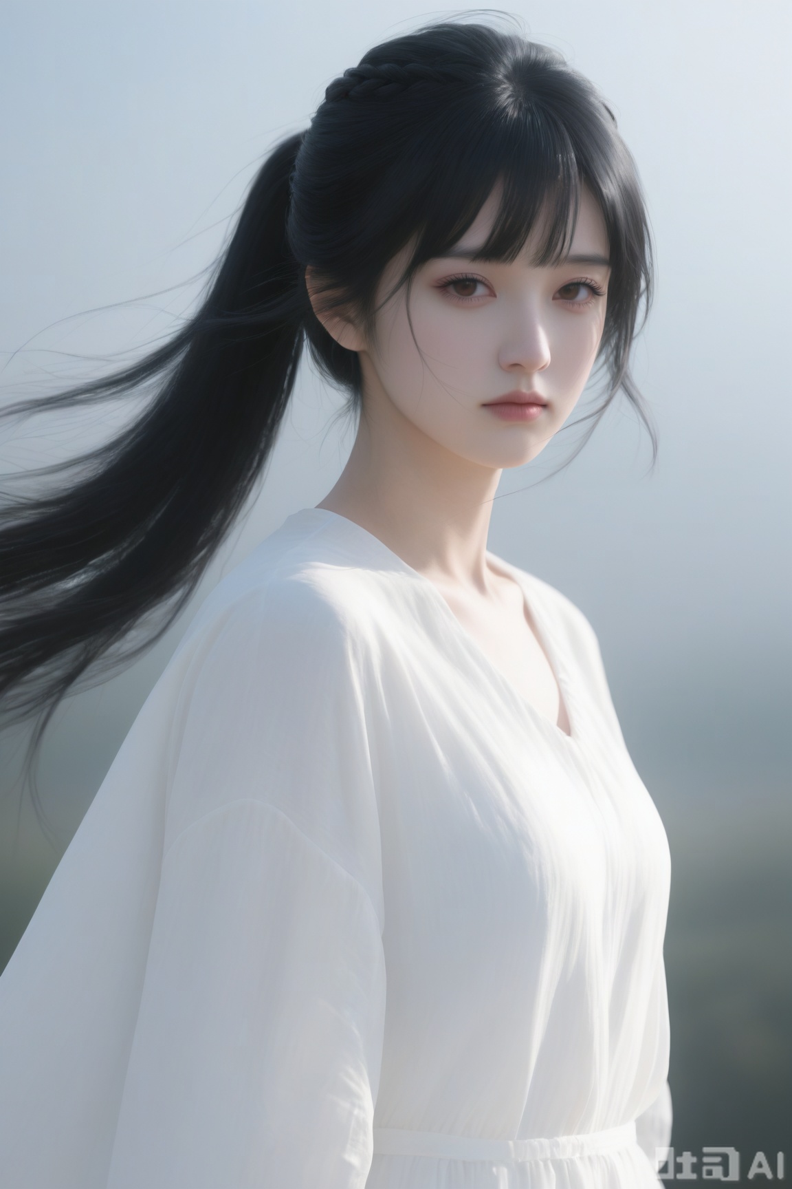 1girl, solo, long hair, looking at viewer, bangs, shirt, black hair, long sleeves, dress, brown eyes, closed mouth, white shirt, upper body, ponytail, braid, white dress, floating hair, realistic, 
