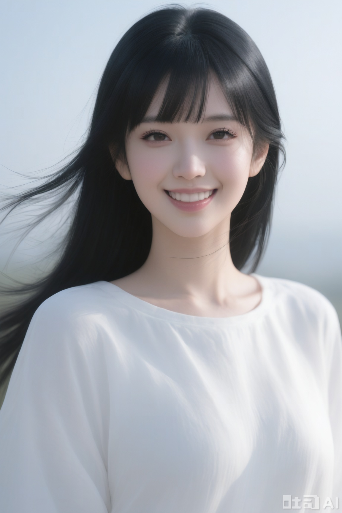 1girl, solo, long hair, looking at viewer, smile, bangs, shirt, black hair, brown eyes, white shirt, upper body, outdoors, teeth, grin, black eyes, lips, realistic, nose
