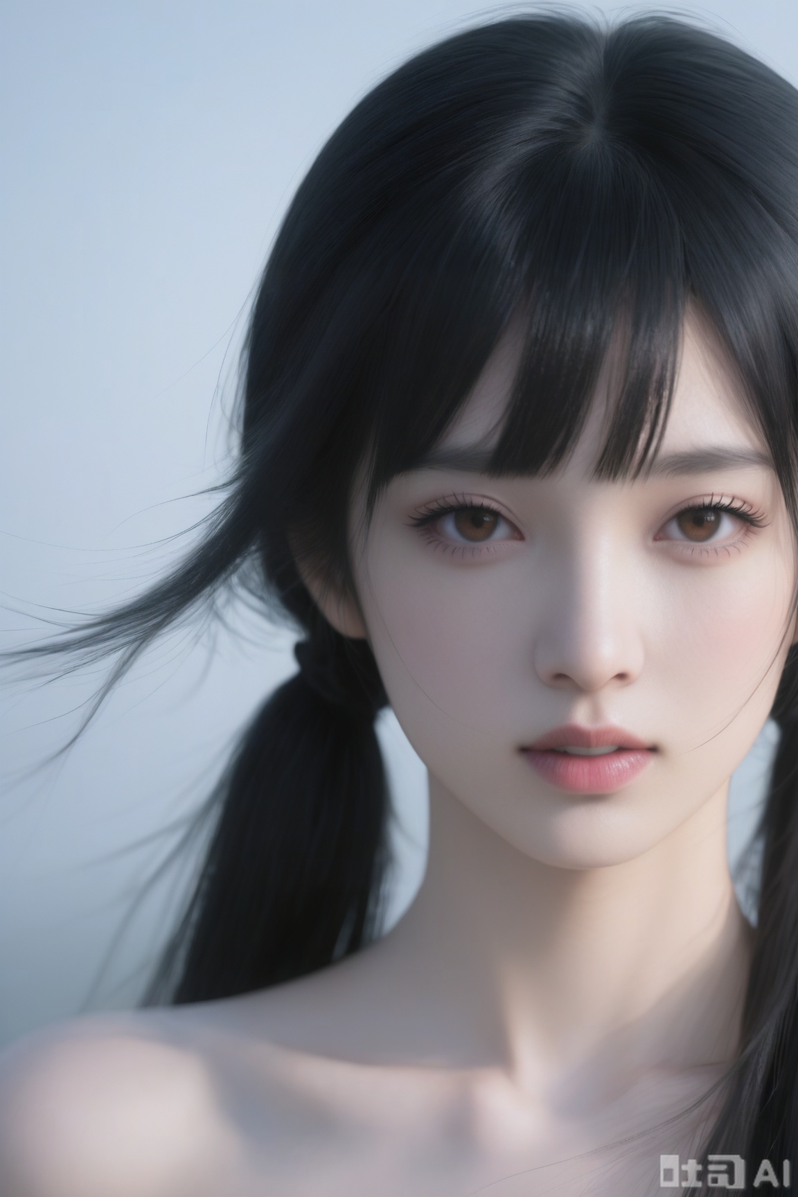1girl, solo, long hair, looking at viewer, bangs, black hair, bare shoulders, twintails, brown eyes, collarbone, upper body, nude, parted lips, lips, eyelashes, portrait, realistic, nose