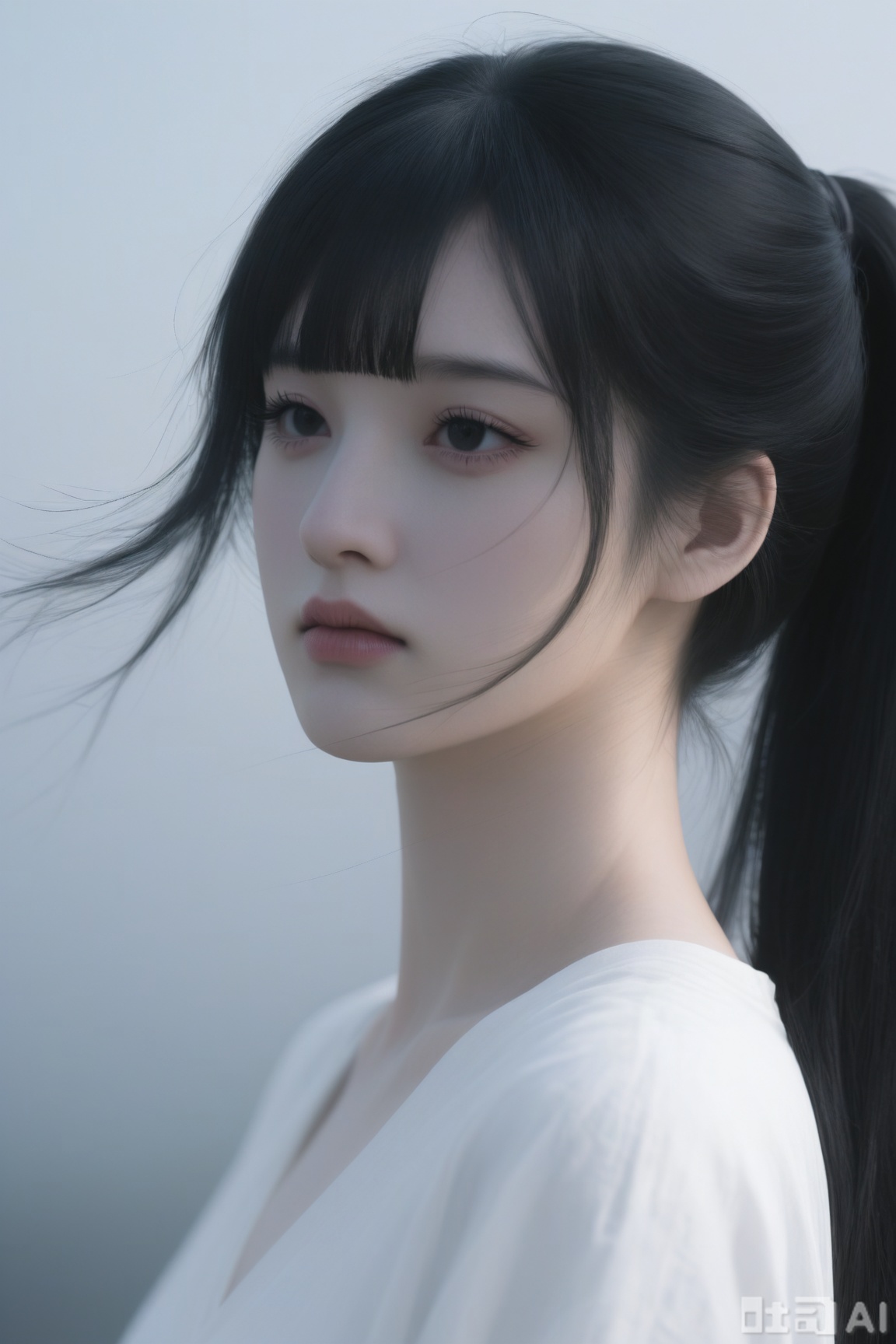 1girl, solo, long hair, bangs, simple background, shirt, black hair, closed mouth, white shirt, upper body, ponytail, blunt bangs, black eyes, from side, lips, gradient background, eyelashes, border, realistic, nose