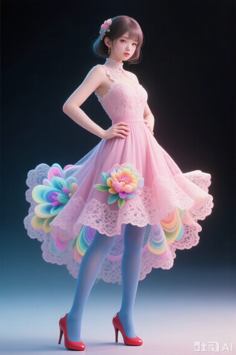 masterpiece,top quality,best quality,official art,beautiful and aesthetic,(1girl),extreme detailed,(fractal art),colorful,highest detailed,(flower:1.3),hands _on_hip,
pink lace long skirt,(blue pantyhose),red high heels,full body,afcg,Elegant posture,
