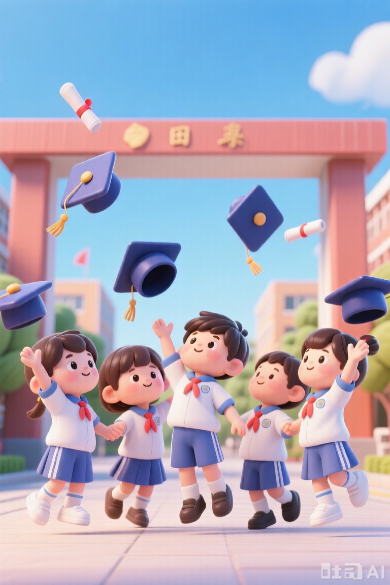 毕业合影场景- 描述：五个穿校服的学生抛起学士帽- 动态：帽子在空中展开,飘带飞舞- 主题：毕业时刻- 场景：学校大门口- 中国现代卡通,明亮的色彩,3D动漫Q版风格-人物:6岁小朋友们,3D,Q版,超萌,超可爱