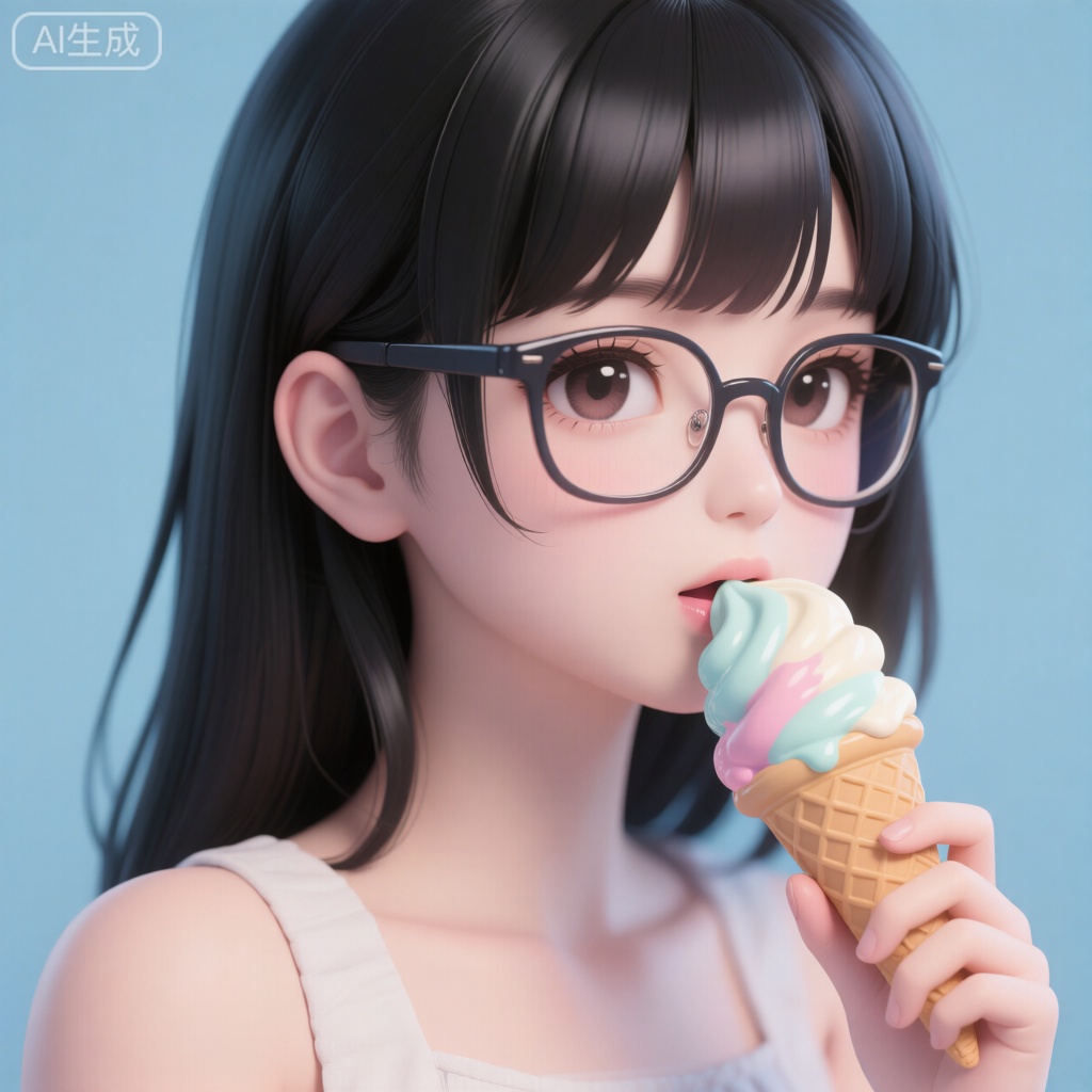 , (best quality),(masterpiece),1girl, best_quality, extremely detailed details, black hair, glasses, eating icecream, 膨胀风格