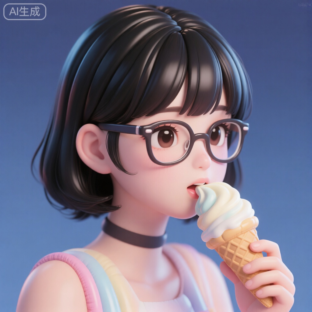 , (best quality),(masterpiece),1girl, best_quality, extremely detailed details, black hair, glasses, eating icecream, 膨胀风格