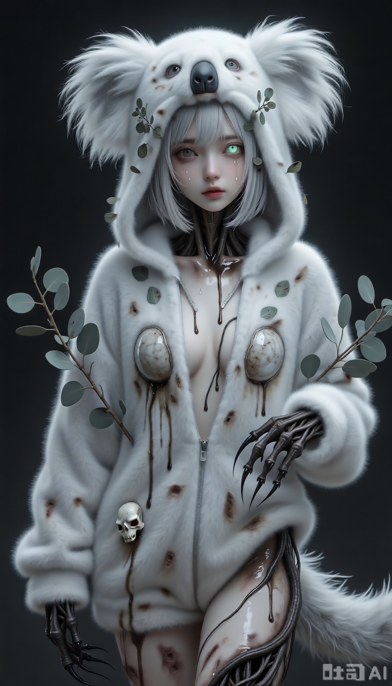 Masterpiece, best quality, ultra-detailed, sharp focus, kigu_craft, drgn_stly, stigma_art, 1girl, incredibly soft,plushgrayish-white koala-themed short hair, sparsely adorned with several cute but withered, insect-eaten eucalyptus leaf decorations. She has one eye like dew-covered, fine-textured gray eye, while the other is a pure, toxic-mist-like pale green eye (heterochromia). She wears an incredibly soft, warm, andultra-fluffygrayish-white koala-themed kigurumi (animal onesie), the hood adorned withplushcute koala ears, and an "eucalyptus branch" patch crudely stitched onto the chest, with a few drops of transparent, pungent liquid stains around the patch. Most unsettlingly, the skin of her neck and arms, visible through the kigurumi, exhibits a translucent, decaying-tree-gum-like "shell" beneath the fabric. The skin beneath this "shell" is morbidly pale. Several slender, twisted, koala-claw-like black "dragon whiskers" are emerging from the seams of her clothing, coiling around her limbs, and viscous, pungent liquid seeps from their contact points with the "shell". A "fake dragon tail" made of incredibly soft,plushgrayish-white faux dragon hide, with a cute but decayed "koala skull" decoration at its tip, extends from the seat of her kigurumi. Its base intertwines with the "tree gum shell" on her body and secretes the same viscous liquid. She is leaning full-length against a massive, decaying eucalyptus tree, her body slightly curled, one hand gently stroking the tree trunk, her eyes filled with haze and an ultimate beauty of toxic decay.