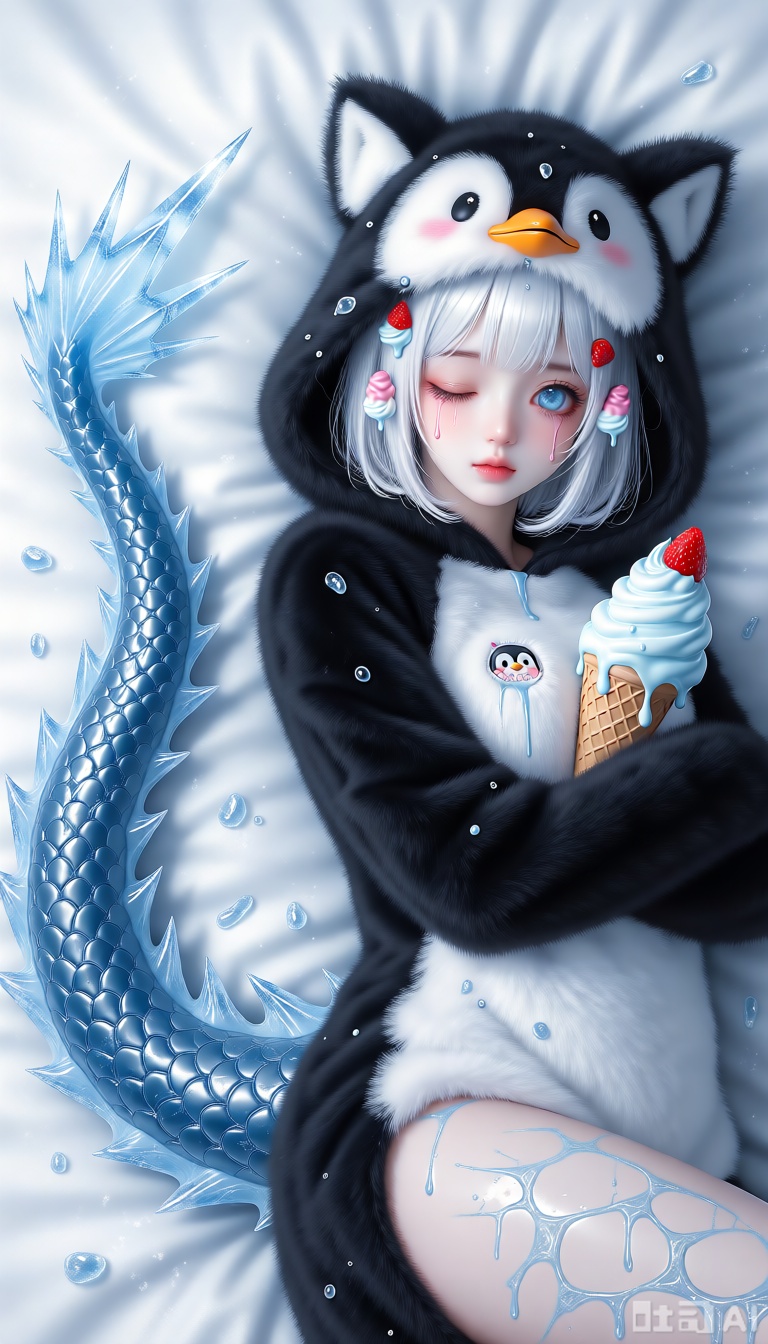 Masterpiece, best quality, ultra-detailed, sharp focus, kigu_craft, drgn_stly, stigma_art, 1girl, incredibly soft,plushwhite ice cream-like short hair, sparsely adorned with several cute but half-melted, syrup-dripping mini ice cream scoop decorations. She has one eye like sweet strawberry ice cream, pink and bubbly, while the other is a pure, clear blue eye like melting ice water (heterochromia). She wears an incredibly soft, warm, andultra-fluffyblack and white penguin-themed kigurumi (animal onesie), the hood adorned withplushcute penguin-fin-like wings, and a "waffle cone" patch crudely stitched onto the chest, with transparent syrup stains around the patch. Most unsettlingly, a massive "fake dragon tail" made of incredibly soft,plushice-blue faux dragon scale fabric, with several sharp ice crystals at its tip, extends from the seat of her kigurumi. At its root, where it connects to her body, a web-like pattern of transparent, gelatinous substance resembling frozen cracks appears on her skin, with faint, icy-sweet liquid slowly seeping from these patterns. She is reclining on her side, half-length, her arms wrapped around a similarlyplush, half-melted ice cream scoop pillow, her face displaying an innocent sleeping expression, her eyes filled with doll-like cuteness and an ultimate sweetness mixed with icy sorrow.