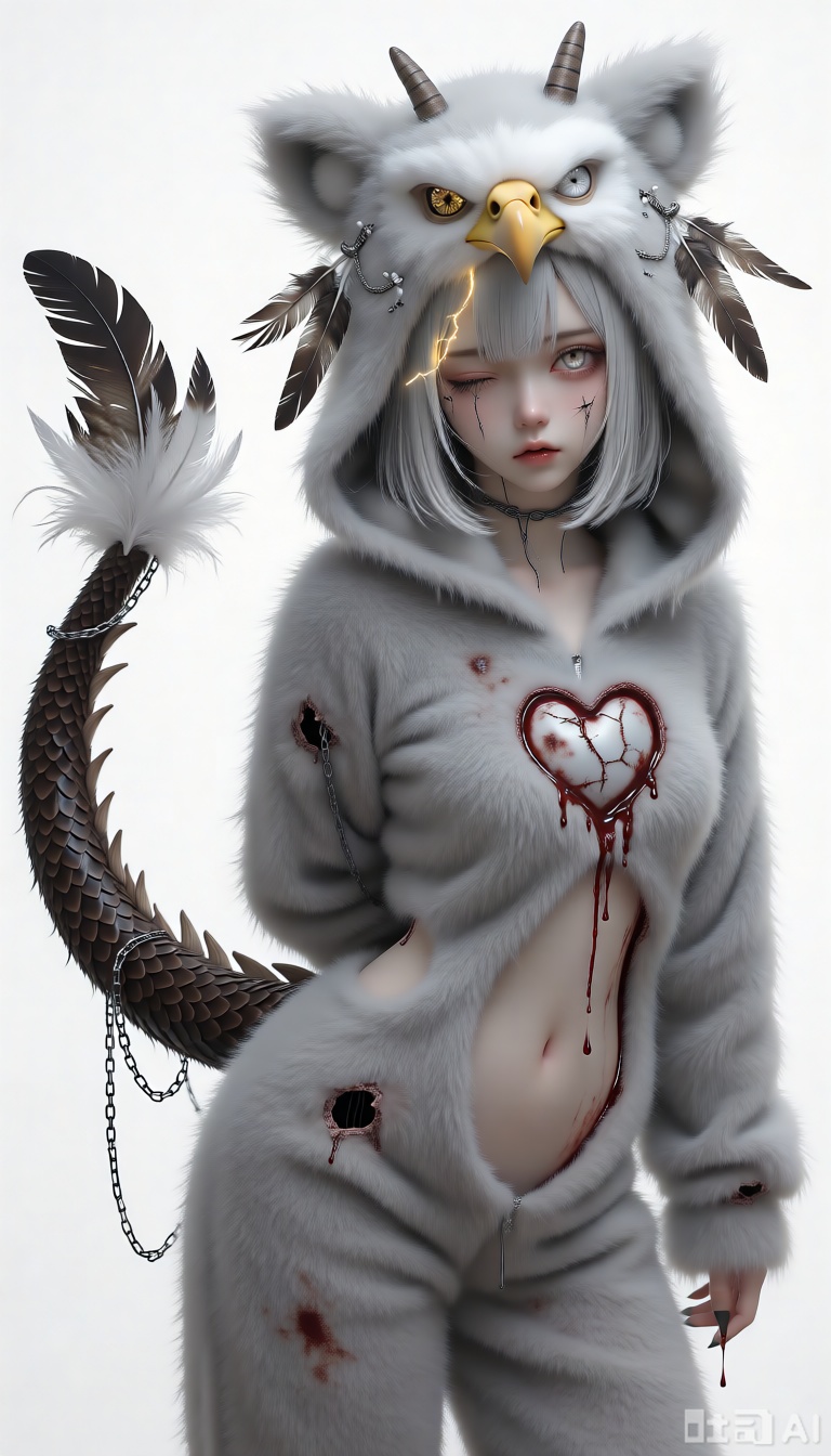 Masterpiece, best quality, ultra-detailed, sharp focus, **kigu_craft, drgn_stly, stigma_art**, 1girl, **incredibly soft,**`plush`**grayish-white short hair, sparsely adorned with several cute but broken eagle feather decorations with tiny iron chains**. She has **one eye like imprisoned lightning, golden and cracked, while the other is a pure, sky-grayish-white eye (heterochromia)**. **She wears an incredibly soft, warm, and**`ultra-fluffy`**giant grayish-white eagle-themed kigurumi (animal onesie), the hood adorned with**`plush`**cute eagle claws, and a "heart" patch crudely stitched onto the chest, with dried bloodstains (color suggestion) around the patch**. Most unsettlingly, **a bizarre "fake dragon tail" made of incredibly soft,**`plush`**dark brown faux dragon scale fabric, with several tattered eagle feathers at its tip, extends from the seat of her kigurumi. At its root, where it connects to her body, several tiny black "threads" resembling dried sinews are permeating from beneath the kigurumi's fabric, seemingly deeply embedded in her skin, secreting transparent, viscous liquid, creating a bizarre contrast with the**`fluffy`**cute exterior**. She is **standing half-length**, **her arms bound behind her back, her eyes filled with the agony of confinement and a desperate longing to fly