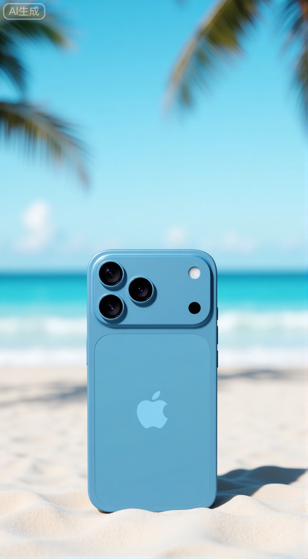  (masterpiece, best quality:1.2),,A product image of iPhone17Pro,iPhone17Pro, Tiffany Blue color, lying on a white sandy beach with crystal clear water in the background. The triple camera and aluminum alloy frame are the main focus. The ocean and palm trees are beautifully blurred in a soft focus style. Large aperture.,XXbaifengsongyuYH,Xbigbreasts,Xiphone17proseries,Xiphone17air,Xiphone17proseries,Xiphone17air