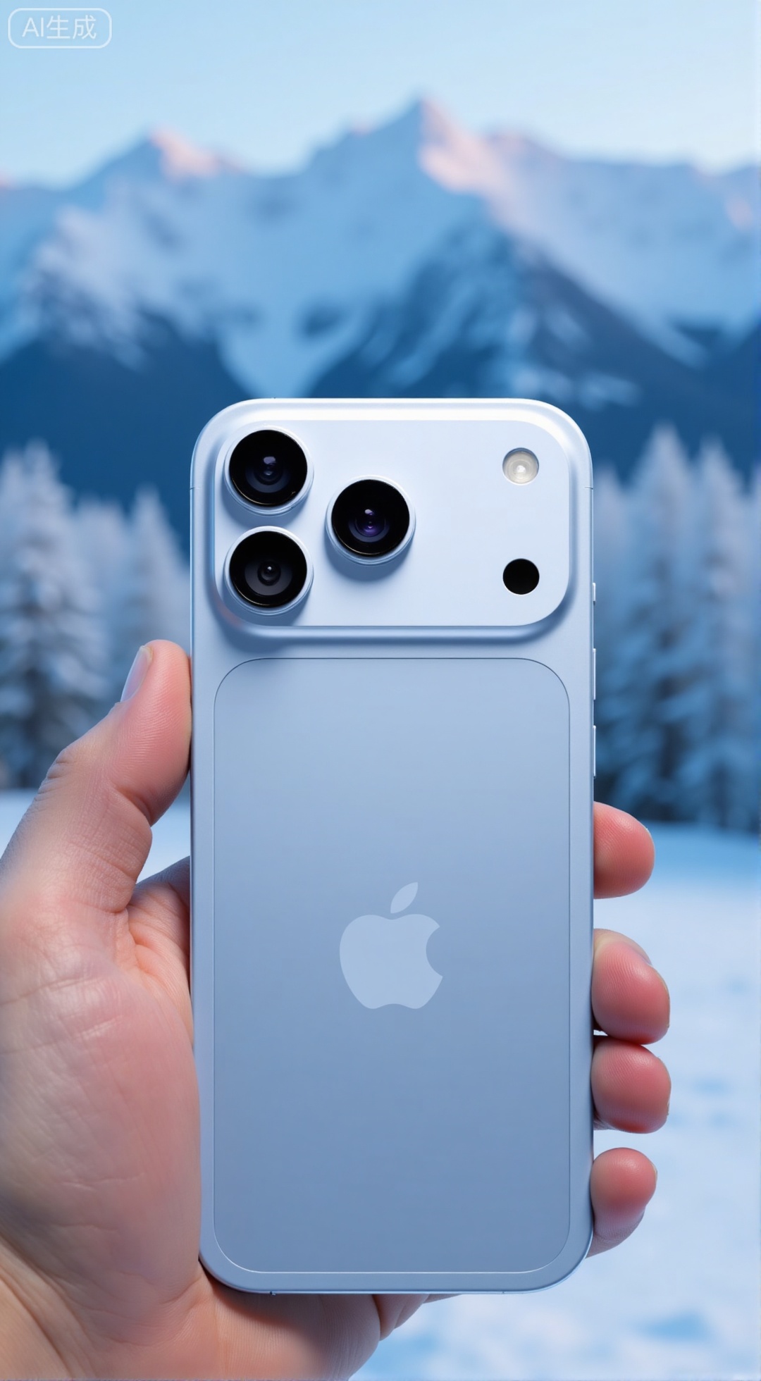  (masterpiece, best quality:1.2),a lifestyle product shot of iPhone17Pro, with a frosted ice finish, held in a hand. The back view shows the prominent triple camera and the sleek aluminum alloy frame. The background is a blurred snowy mountain landscape, with soft, cool ambient light creating a serene feel.,XXbaifengsongyuYH,Xbigbreasts,Xiphone17proseries,Xiphone17air,Xiphone17proseries,Xiphone17air