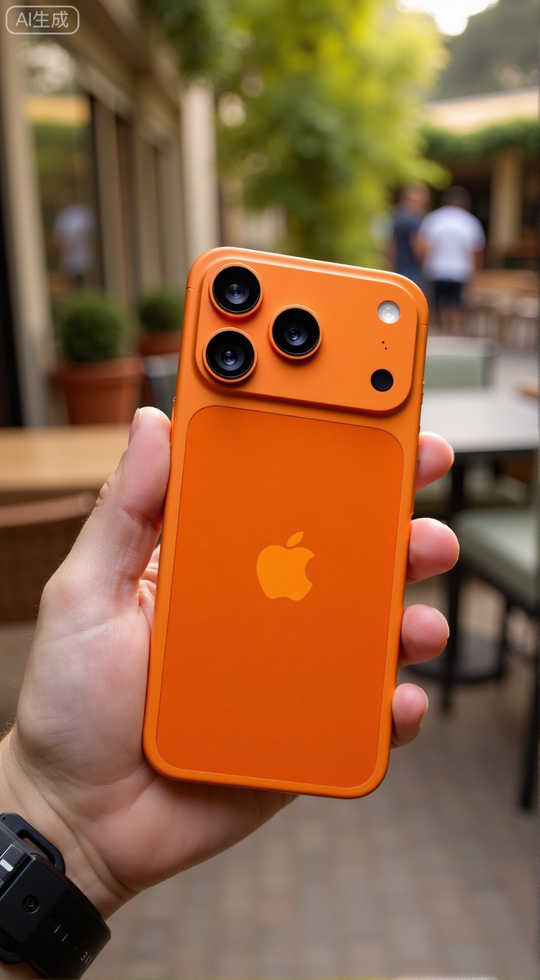  (masterpiece, best quality:1.2),A lifestyle shot of iPhone17Pro, Hermès Orange color, held in a hand, showing the back and the prominent triple camera system. The background is a blurred, sun-drenched café patio with green plants and people. Soft ambient light, a professional product photograph with bokeh effect.,XXbaifengsongyuYH,Xbigbreasts,Xiphone17proseries,Xiphone17air,Xiphone17proseries,Xiphone17air