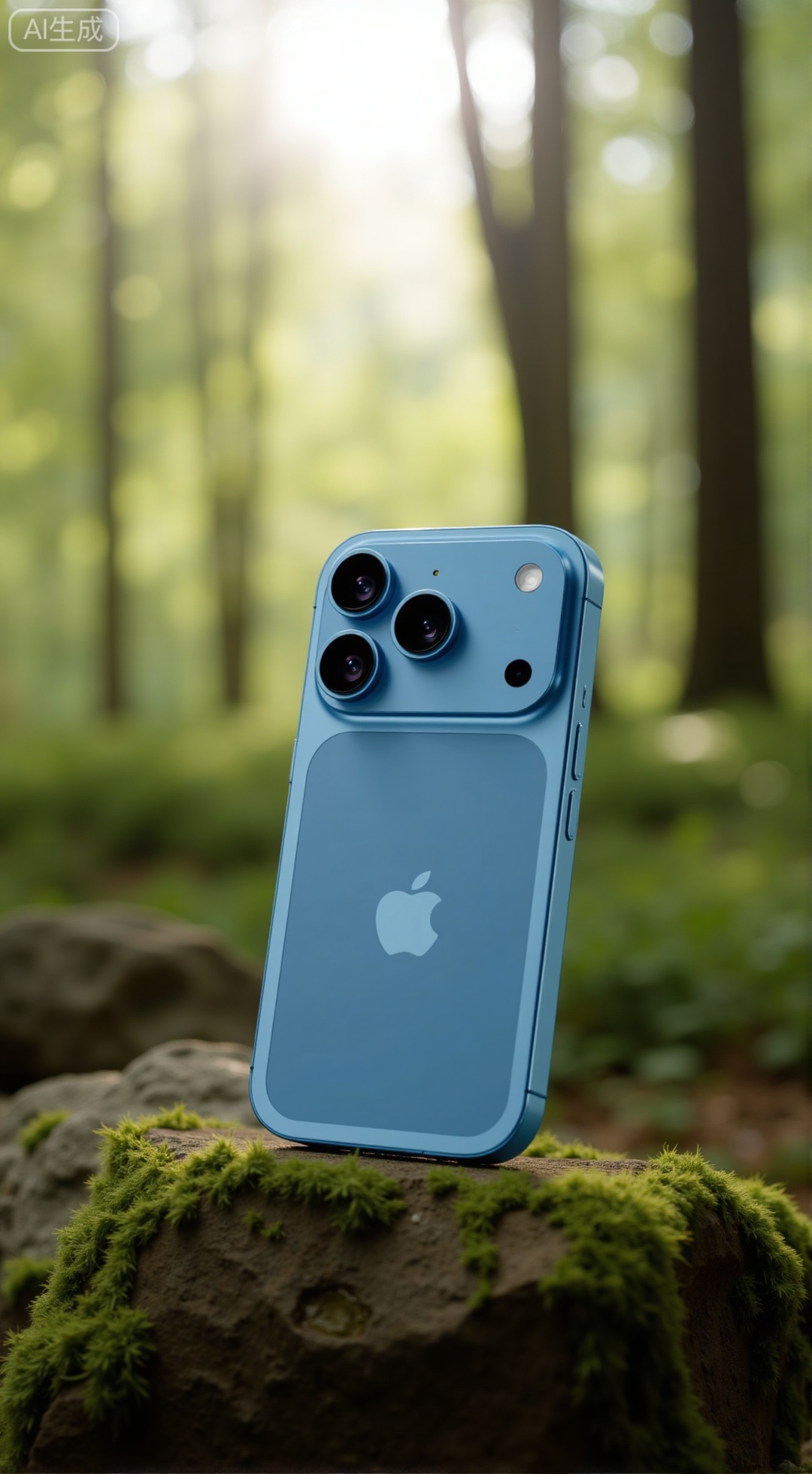  (masterpiece, best quality:1.2),A product shot of iPhone17Pro, Tiffany Blue color, placed on a mossy rock in a forest. The triple camera and the matte glass back are in sharp focus. The background is a beautifully blurred, lush forest with towering trees and filtered sunlight. Large aperture, soft focus, bokeh effect.,XXbaifengsongyuYH,Xbigbreasts,Xiphone17proseries,Xiphone17air,Xiphone17proseries,Xiphone17air