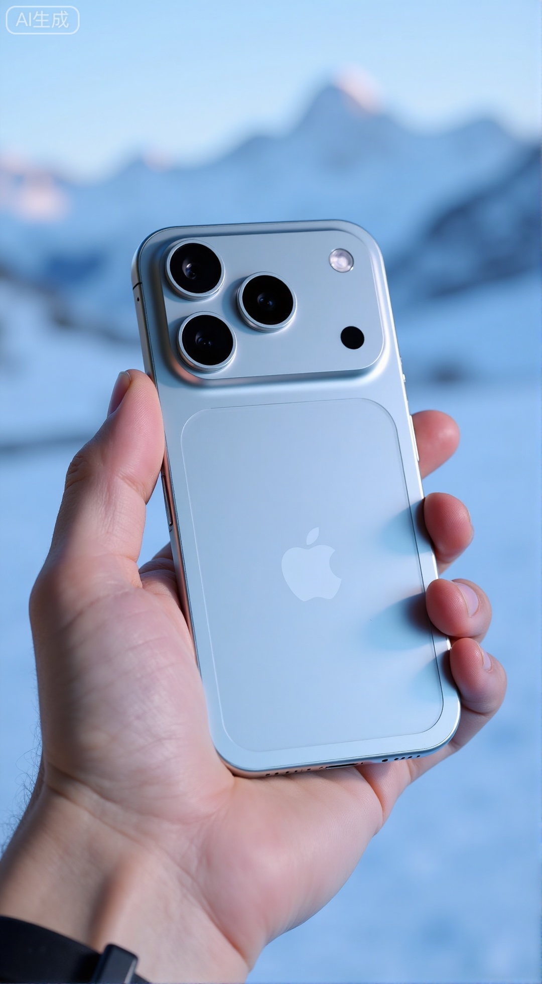  (masterpiece, best quality:1.2),a lifestyle product shot of iPhone17Pro, with a frosted ice finish, held in a hand. The back view shows the prominent triple camera and the sleek aluminum alloy frame. The background is a blurred snowy mountain landscape, with soft, cool ambient light creating a serene feel.,XXbaifengsongyuYH,Xbigbreasts,Xiphone17proseries,Xiphone17air,Xiphone17proseries,Xiphone17air