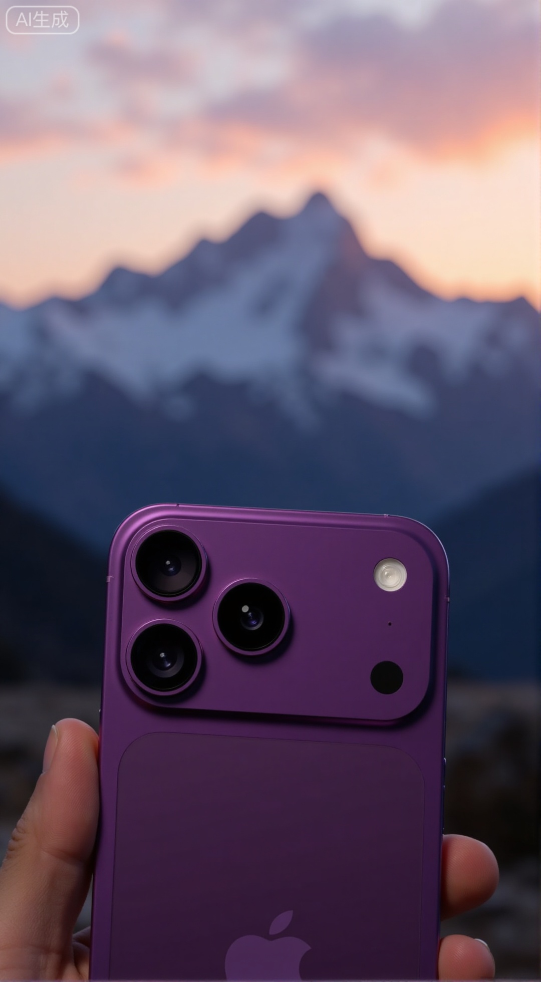  (masterpiece, best quality:1.2),A professional product photograph of iPhone17Pro, Deep Purple color, held up against a majestic mountain landscape at sunset. The back of the phone and the triple camera are in focus, with the blurred mountain peaks and golden-hour sky creating a dramatic backdrop. Soft focus, cinematic lighting..,XXbaifengsongyuYH,Xbigbreasts,Xiphone17proseries,Xiphone17air,Xiphone17proseries,Xiphone17air