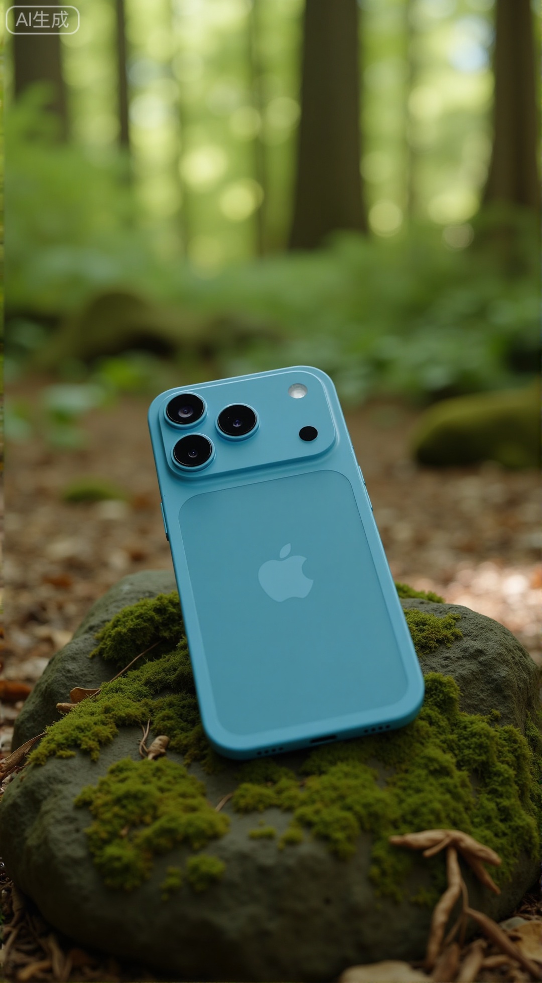  (masterpiece, best quality:1.2),A product shot of iPhone17Pro, Tiffany Blue color, placed on a mossy rock in a forest. The triple camera and the matte glass back are in sharp focus. The background is a beautifully blurred, lush forest with towering trees and filtered sunlight. Large aperture, soft focus, bokeh effect.,XXbaifengsongyuYH,Xbigbreasts,Xiphone17proseries,Xiphone17air,Xiphone17proseries,Xiphone17air