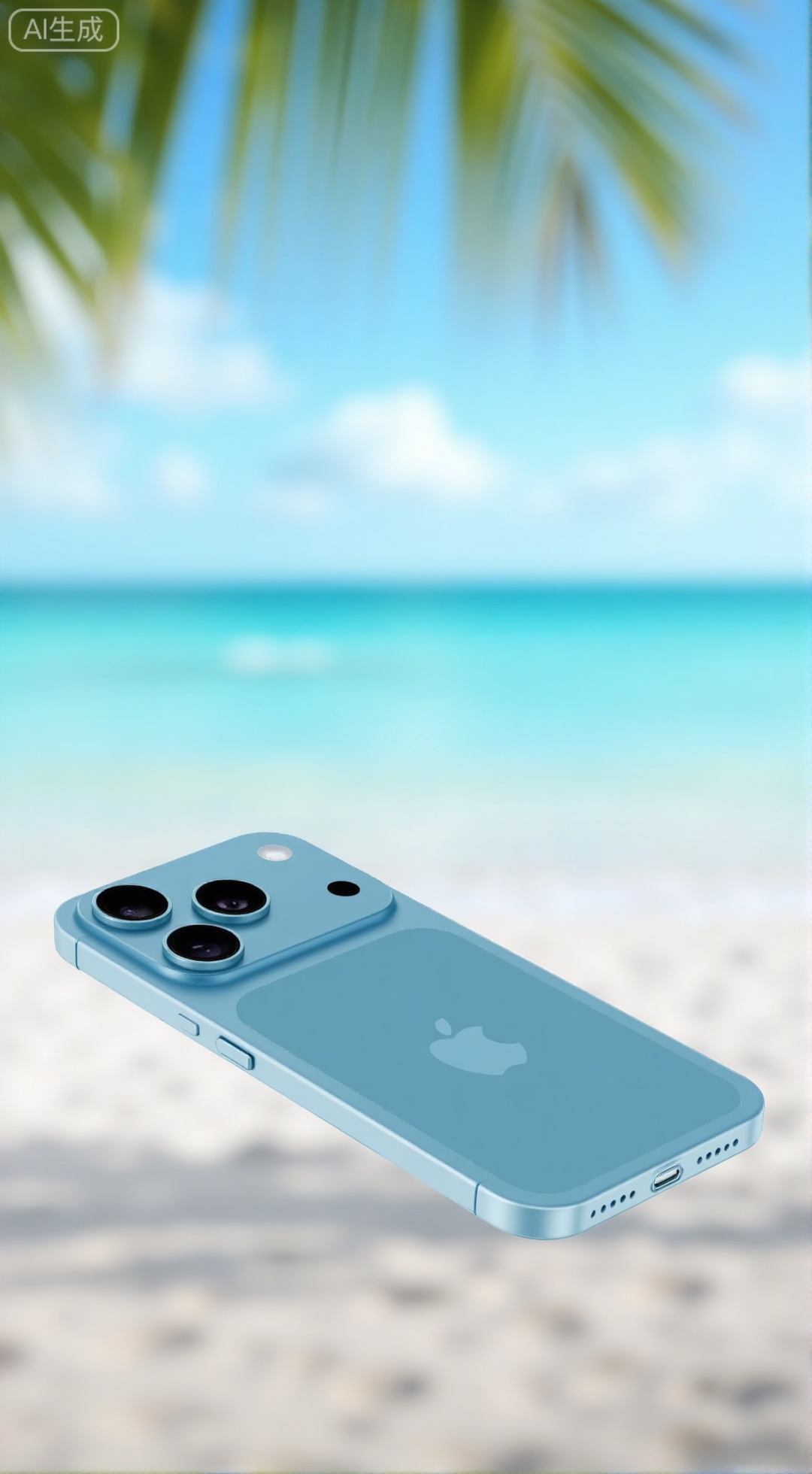  (masterpiece, best quality:1.2),,A product image of iPhone17Pro,iPhone17Pro, Tiffany Blue color, lying on a white sandy beach with crystal clear water in the background. The triple camera and aluminum alloy frame are the main focus. The ocean and palm trees are beautifully blurred in a soft focus style. Large aperture.,XXbaifengsongyuYH,Xbigbreasts,Xiphone17proseries,Xiphone17air,Xiphone17proseries,Xiphone17air