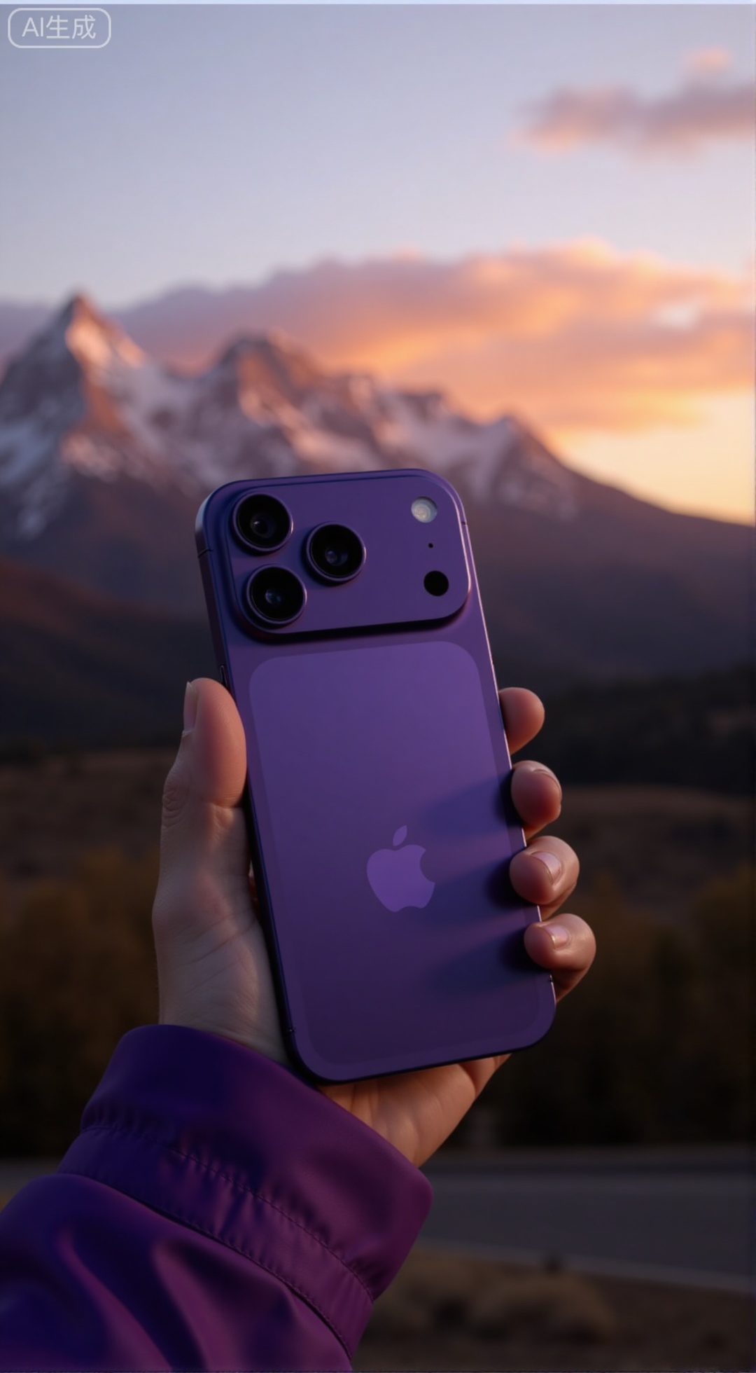  (masterpiece, best quality:1.2),A professional product photograph of iPhone17Pro, Deep Purple color, held up against a majestic mountain landscape at sunset. The back of the phone and the triple camera are in focus, with the blurred mountain peaks and golden-hour sky creating a dramatic backdrop. Soft focus, cinematic lighting..,XXbaifengsongyuYH,Xbigbreasts,Xiphone17proseries,Xiphone17air,Xiphone17proseries,Xiphone17air