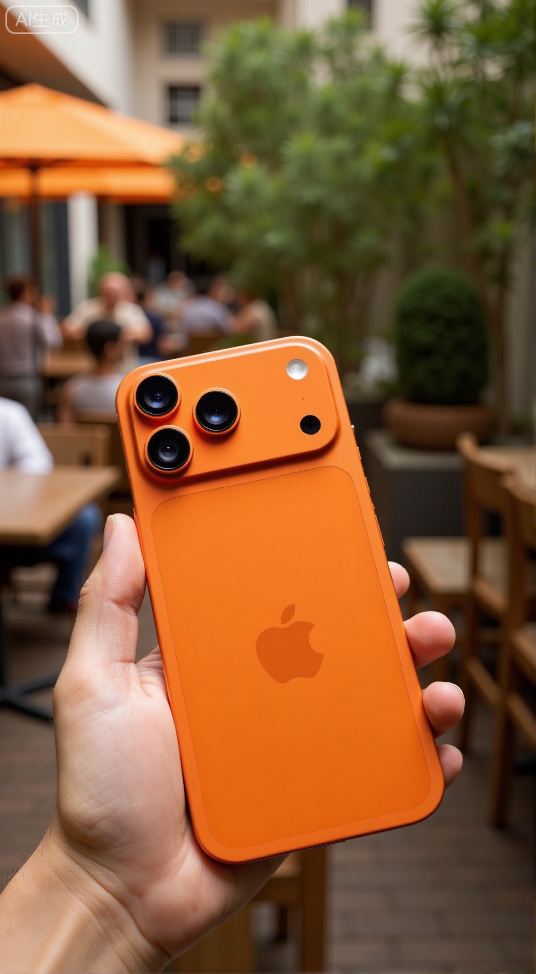  (masterpiece, best quality:1.2),A lifestyle shot of iPhone17Pro, Hermès Orange color, held in a hand, showing the back and the prominent triple camera system. The background is a blurred, sun-drenched café patio with green plants and people. Soft ambient light, a professional product photograph with bokeh effect.,XXbaifengsongyuYH,Xbigbreasts,Xiphone17proseries,Xiphone17air,Xiphone17proseries,Xiphone17air