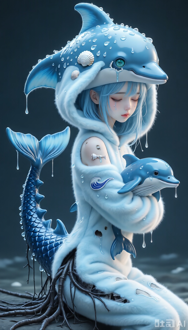 Masterpiece, best quality, ultra-detailed, sharp focus, kigu_craft, drgn_stly, stigma_art, 1girl, incredibly soft,plushsea-blue long hair, sparsely adorned with several cute but broken, salt-laced seashell decorations. She has one eye like polluted seawater, blue-green and foamy, while the other is a pure, deep-sea-plastic-like grayish-white eye (heterochromia). She wears an incredibly soft, warm, andultra-fluffyblue and white dolphin-themed kigurumi (animal onesie), the hood adorned withplushcute dolphin fin-like ears, and a "wave" patch crudely stitched onto the chest, with a few drops of transparent, fishy-smelling liquid stains around the patch. Most unsettlingly, a bizarre "fake dragon tail" made of incredibly soft,plushdark blue faux dragon scale fabric, with a cute but corroded fishbone decoration at its tip, extends from the seat of her kigurumi. At its root, where it connects to her body, several tiny black "vines" resembling kelp are permeating from beneath the kigurumi's fabric, seemingly deeply embedded in her skin, secreting transparent, viscous liquid, creating a bizarre contrast with thepluffycute exterior. She is sitting sideways, half-length, her arms wrapped around a similarlyplush, plastic-fragment-covered old dolphin toy, her face displaying an innocent sleeping expression, her eyes filled with doll-like cuteness and a sorrow tainted by ocean pollution.