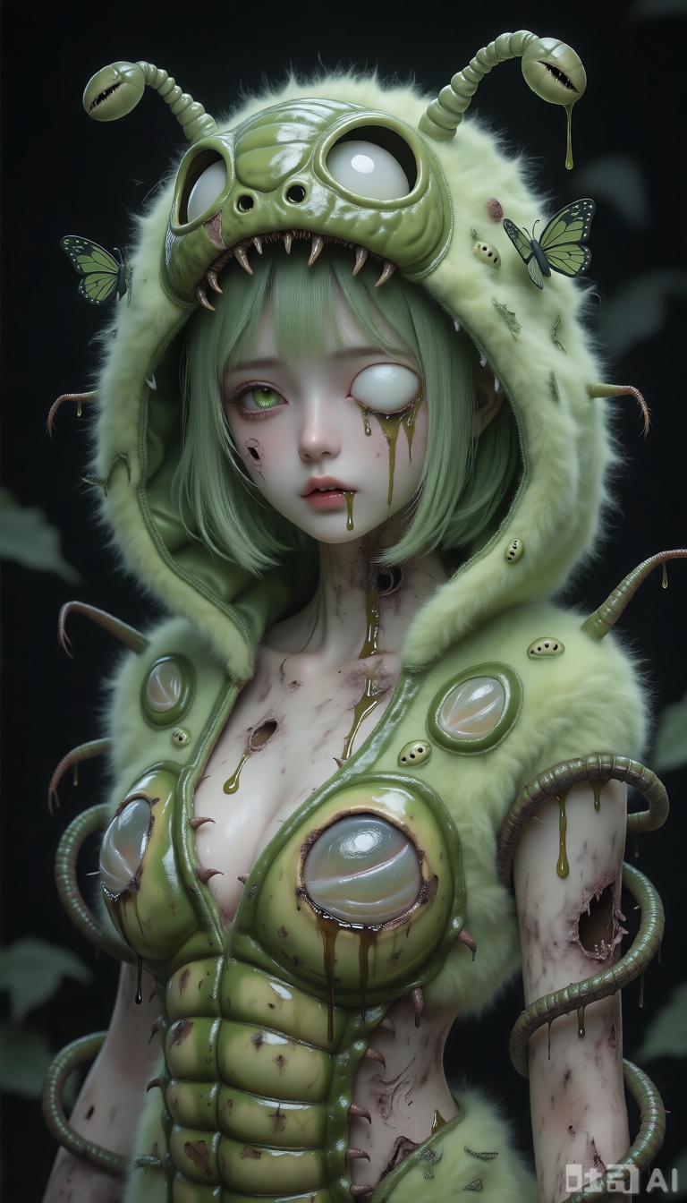 Masterpiece, best quality, ultra-detailed, sharp focus, kigu_craft, drgn_stly, stigma_art, 1girl, incredibly soft,plushlime green short hair, sparsely adorned with several cute but decayed, grub-infested plant decorations. She has one eye like a chewed leaf, green and porous, while the other is a pure, silk-cocoon-like pale white eye (heterochromia). She wears an incredibly soft, warm, andultra-fluffylime green caterpillar-themed kigurumi (animal onesie), the hood adorned with cute but damaged caterpillar antennae, and a "cocoon" patch crudely stitched onto the chest, with a few drops of dried dark liquid stains around the patch. Most unsettlingly, her exposed neck and arm skin is covered in a translucent "shell" resembling decaying fruit peel. The skin beneath this "shell" is morbidly pale. Several slender, twisted, caterpillar-mouthpart-like black "dragon whiskers" grow from within this shell, coiling around her limbs, and sweet, putrid-smelling viscous liquid seeps from their contact points with the shell, as if the cocoon's essence is "weeping". A "fake dragon tail" made of incredibly soft,plushlime green faux dragon hide, with a cute but decayed "butterfly wing" decoration at its tip, extends from the seat of her kigurumi. Its base intertwines with the "fruit peel shell" on her body and secretes the same sweet liquid. She is reclining on her side, half-length, her arms wrapped around a similarlyplush, insect-eaten old leaf pillow, her face displaying an innocent sleeping expression, her eyes filled with doll-like cuteness and a corrupt natural metamorphosis.