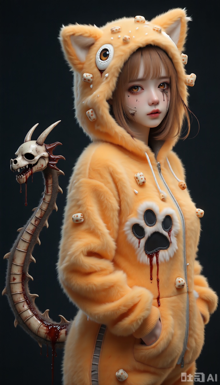  Masterpiece, best quality, ultra-detailed, sharp focus, **kigu_craft, drgn_stly, stigma_art**, 1girl, **incredibly soft,**`plush`**caramel-colored short hair, sparsely adorned with several cute but decayed, foul-smelling dog treat颗粒decorations**. She has **one eye like a licked bone, white with fine textures, while the other is a pure, damp-earth-like brown eye (heterochromia)**. **She wears an incredibly soft, warm, and**`ultra-fluffy`**orange-yellow Shiba Inu-themed kigurumi (animal onesie), the hood adorned with**`plush`**cute Shiba Inu ears, and a "paw print" patch crudely stitched onto the chest, with a few drops of dried dark liquid stains around the patch**. Most unsettlingly, **a bizarre "fake dragon tail" made of incredibly soft,**`plush`**grayish-brown faux dragon hide, with a cute but decaying "smiling" dog skull decoration at its tip, extends from the seat of her kigurumi. At its root, where it connects to her body, several tiny black "threads" resembling canine teeth are permeating from beneath the kigurumi's fabric, seemingly deeply embedded in her skin, secreting a viscous, meaty-smelling liquid, creating a bizarre contrast with the**`fluffy`**cute exterior**. She is **sitting sideways, half-length**, **her arms wrapped around a similarly**`plush`**, tooth-marked old bone toy, her face displaying an innocent smile, her eyes filled with doll-like cuteness and a hungry, primal yearning