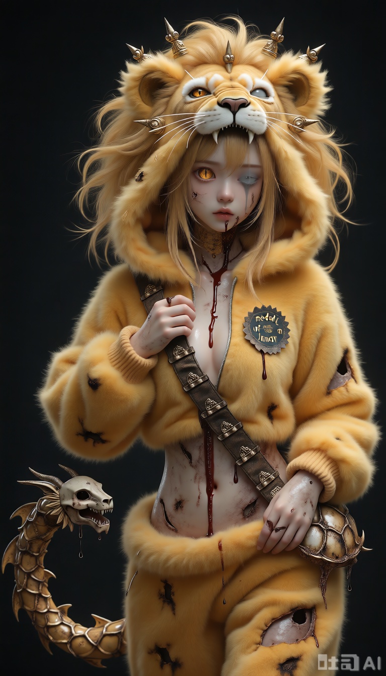 Masterpiece, best quality, ultra-detailed, sharp focus, kigu_craft, drgn_stly, stigma_art, 1girl, incredibly soft,plushgolden lion's mane long hair, sparsely adorned with several cute but rusted, corrosion-marked mini crown decorations. She has one eye like worn gold, amber with fine scratches, while the other is a pure, ash-covered pale gray eye (heterochromia). She wears an incredibly soft, warm, andultra-fluffyyellow-brown lion-themed kigurumi (animal onesie), the hood adorned withplushcute lion ears, and a "medal of honor" patch crudely stitched onto the chest, with a few drops of dried dark liquid stains around the patch. Most unsettlingly, her exposed neck and arm skin is covered in a translucent "shell" resembling charred, peeling skin. The skin beneath this "shell" is morbidly pale. Several thick, corroded-metal-like black "dragon whiskers" with sharp points grow from within this shell, coiling around her limbs, and sweet, metallic-smelling viscous liquid seeps from their contact points with the shell, as if the blood of honor is "weeping". A "fake dragon tail" made of incredibly soft,plushgolden faux dragon hide, with a cute but decayed "lion skull" decoration at its tip, extends from the seat of her kigurumi. Its base intertwines with the "corroded shell" on her body and secretes the same sweet liquid. She is standing half-length, one hand gently stroking the "corroded shell" on her neck, her eyes filled with haze and an ultimate beauty of decaying glory.