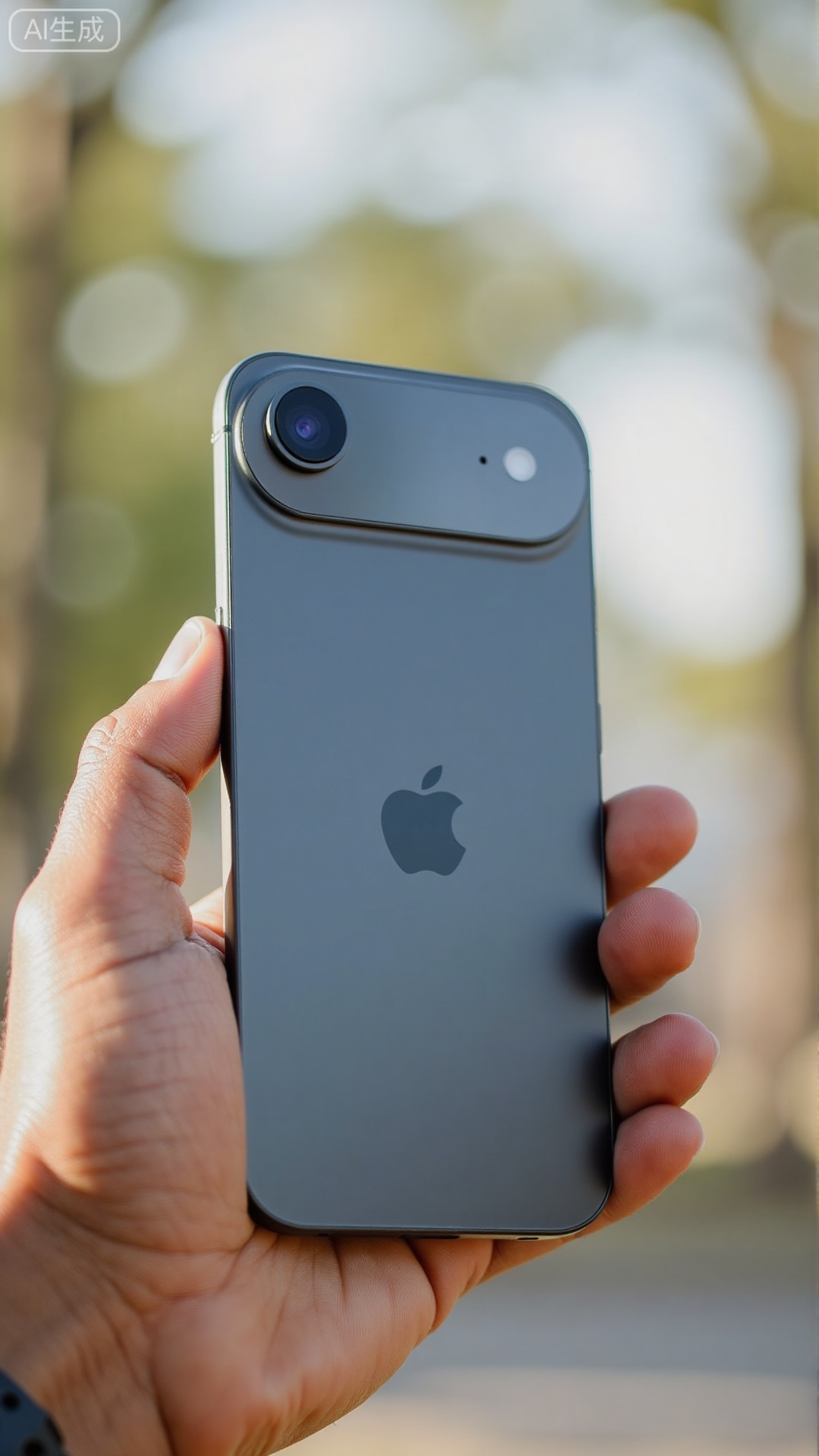 (masterpiece,best quality:1.23),product shot,hand holding iPhone 17 Air,close-up of phone back,single camera,aluminum alloy frame,glass back panel,outdoor photography,bokeh background,soft sunlight,trees and sky in background.Xbigbreasts,XbaifengsongyuYH,Xiphone17air,Xiphone17proseries,Xiphone17proseries,Xiphone17air