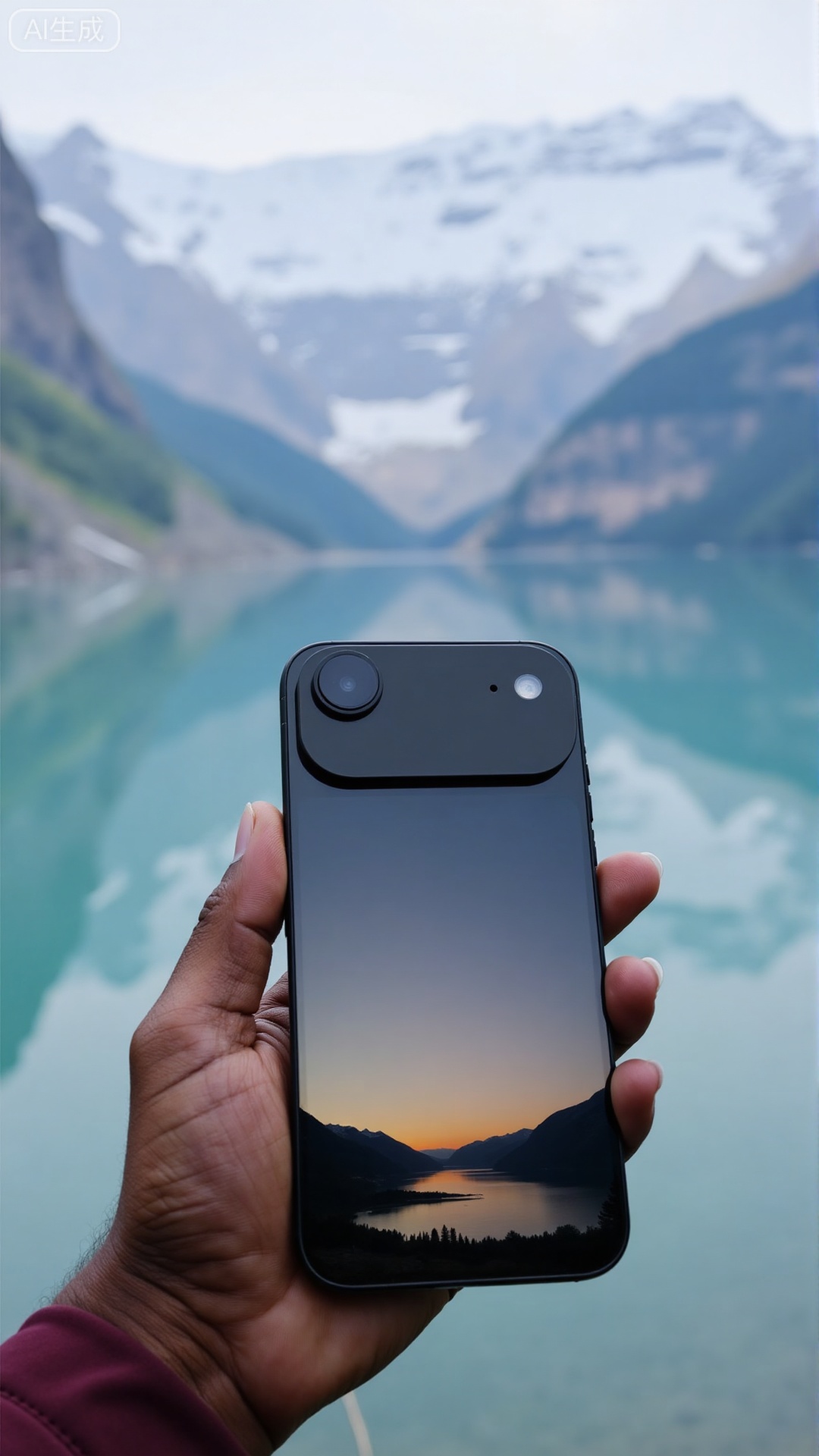 (masterpiece,best quality:1.23),travel photography,hand holding iPhone 17 Air,phone placed face-up,simple single camera,ambient light,blurred mountains and lake background,.Xbigbreasts,XbaifengsongyuYH,Xiphone17air,Xiphone17proseries,Xiphone17proseries,Xiphone17air