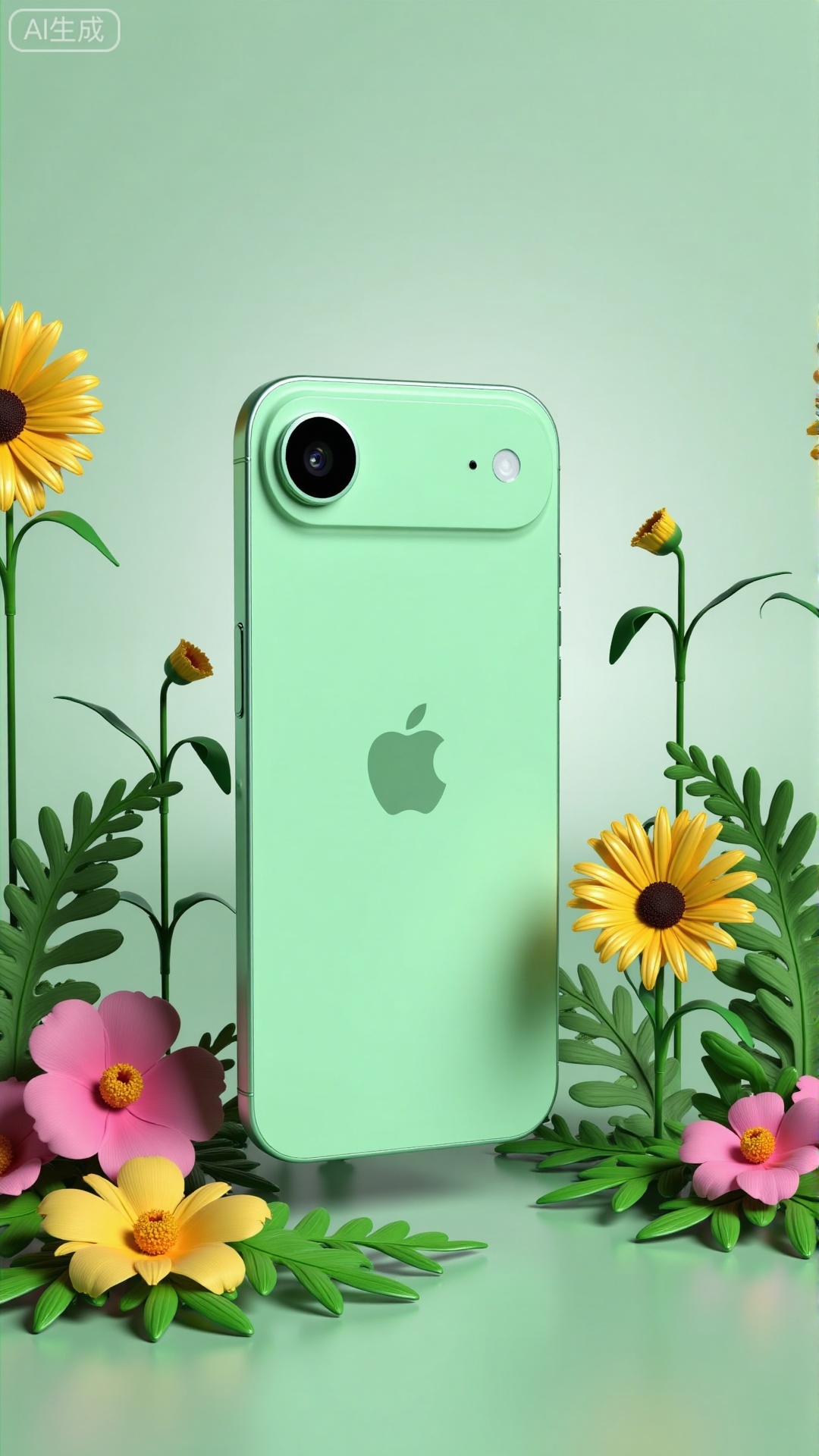 (masterpiece,best quality:1.23),,a light green mobile phone floating in the air,surrounded by a variety of colorful flowers and plants. Surreal,fantastical scene design,bright colors,green main tone,with ultra-high resolution and HD images,high resolution 3D rendering,,Xbigbreasts,XbaifengsongyuYH,Xiphone17air,Xiphone17proseries,Xiphone17proseries,Xiphone17air