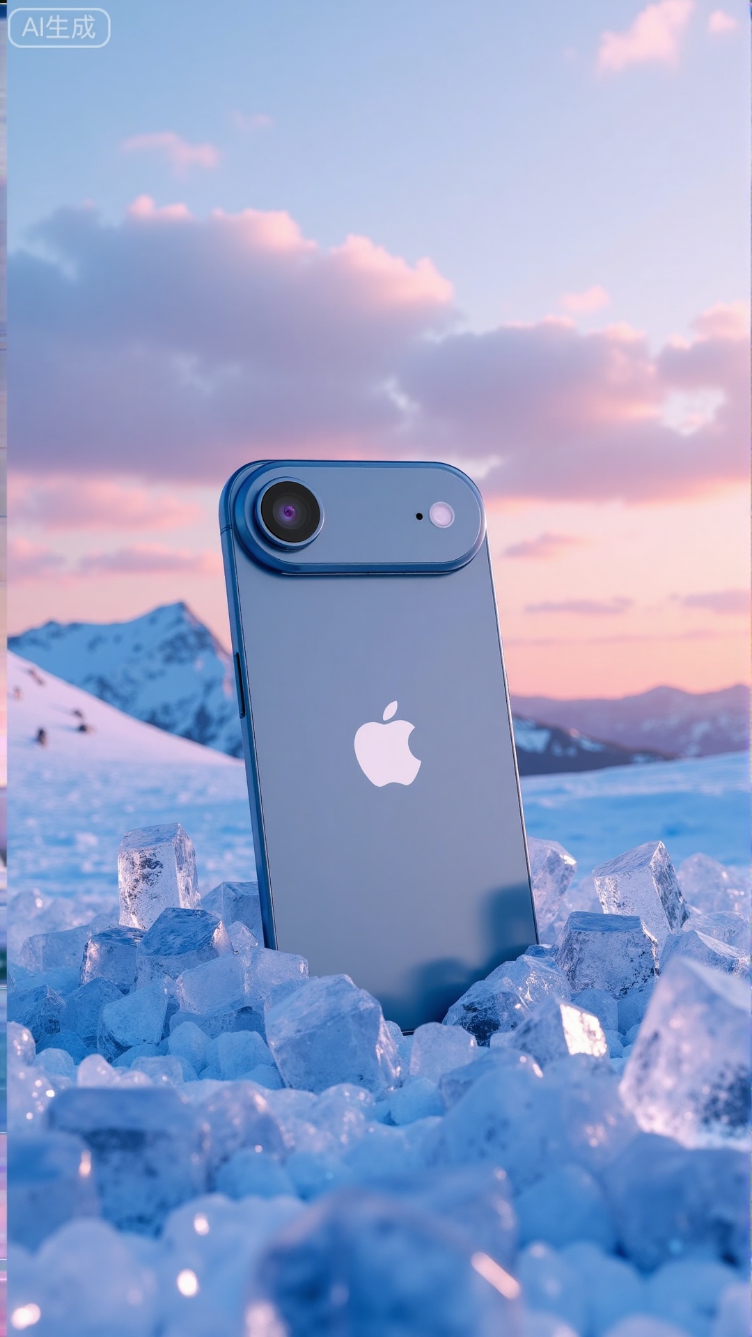 (masterpiece,best quality:1.23),chanpin\(render\),XiPhone17Air,iPhone 17 air,chanpin\(render\),Product scene rendering scene,iPhone17 set transparent phone case,surrounded by ice crystals,the background is blue snow mountain,the sky presents sunset color,high quality light and shadow,creating a cool tone,natural light,professional color grading,clear focus,Xbigbreasts,XbaifengsongyuYH,Xiphone17air,Xiphone17proseries,Xiphone17proseries,Xiphone17air