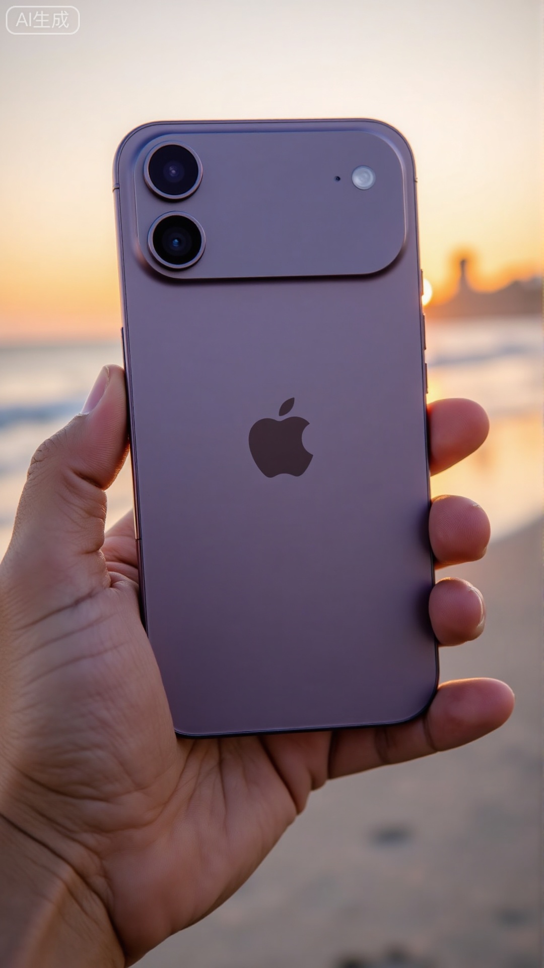 (masterpiece,best quality:1.23),tech product photography,hand holding iPhone 17 Air back,perfectly symmetrical design,low saturation grayish-purple aluminum alloy frame,glass reflection,sunset background,blurred beach,,.Xbigbreasts,XbaifengsongyuYH,Xiphone17air,Xiphone17proseries,Xiphone17proseries,Xiphone17air