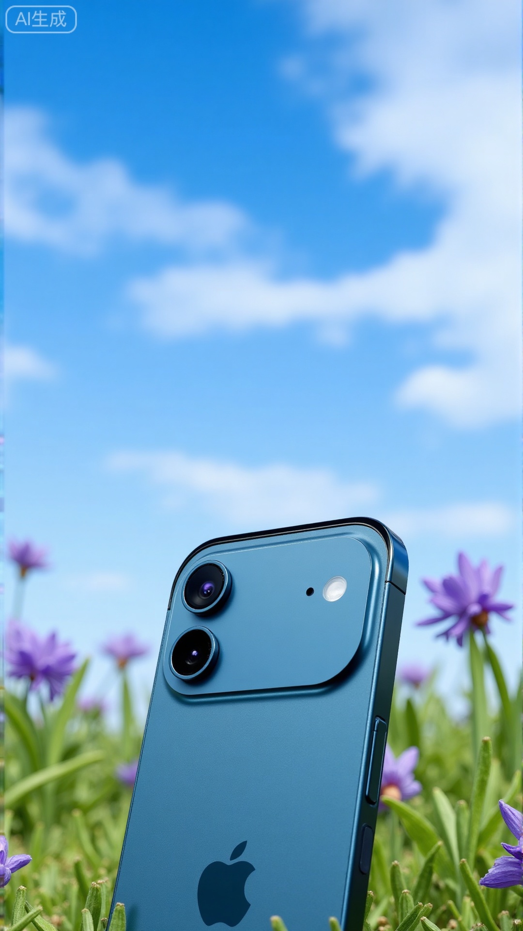 (masterpiece,best quality:1.23),An e-commerce photography image featuring a iPhone 17 air smartphone against a blue sky and white clouds,with purple flowers on the grass in the background.,Xbigbreasts,XbaifengsongyuYH,Xiphone17air,Xiphone17proseries,Xiphone17proseries,Xiphone17air