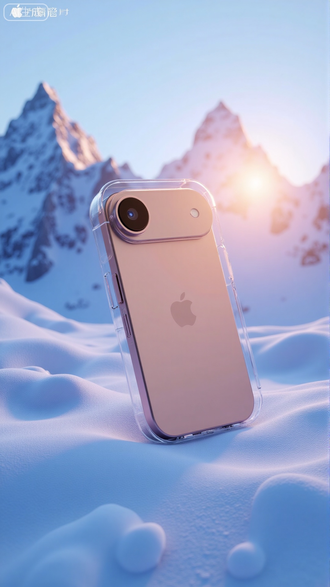 (masterpiece,best quality:1.23),chanpin\(render\),XiPhone17Air,iPhone 17 air,chanpin\(render\),Product scene rendering scene,iPhone17 set transparent phone case,surrounded by ice crystals,the background is blue snow mountain,the sky presents sunset color,high quality light and shadow,creating a cool tone,natural light,professional color grading,clear focus,Xbigbreasts,XbaifengsongyuYH,Xiphone17air,Xiphone17proseries,Xiphone17proseries,Xiphone17air