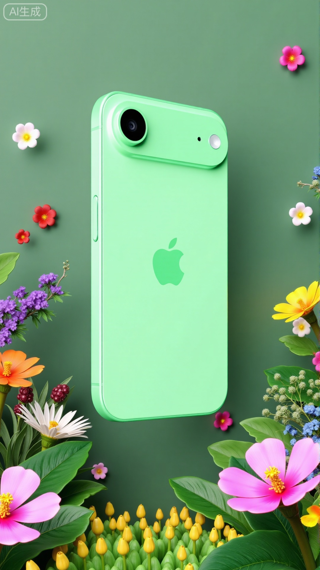 (masterpiece,best quality:1.23),,a light green mobile phone floating in the air,surrounded by a variety of colorful flowers and plants. Surreal,fantastical scene design,bright colors,green main tone,with ultra-high resolution and HD images,high resolution 3D rendering,,Xbigbreasts,XbaifengsongyuYH,Xiphone17air,Xiphone17proseries,Xiphone17proseries,Xiphone17air