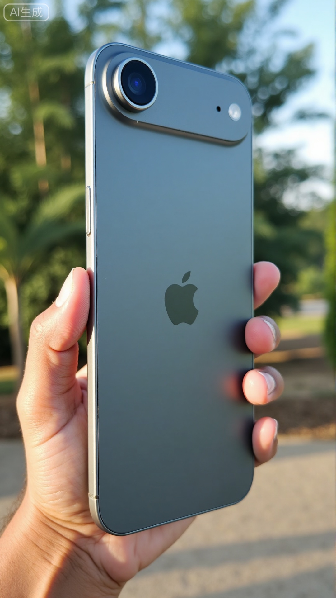 (masterpiece,best quality:1.23),product shot,hand holding iPhone 17 Air,close-up of phone back,single camera,aluminum alloy frame,glass back panel,outdoor photography,bokeh background,soft sunlight,trees and sky in background.Xbigbreasts,XbaifengsongyuYH,Xiphone17air,Xiphone17proseries,Xiphone17proseries,Xiphone17air