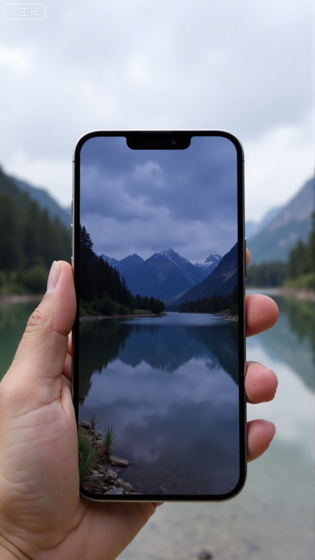 (masterpiece,best quality:1.23),travel photography,hand holding iPhone 17 Air,phone placed face-up,simple single camera,ambient light,blurred mountains and lake background,.Xbigbreasts,XbaifengsongyuYH,Xiphone17air,Xiphone17proseries,Xiphone17proseries,Xiphone17air