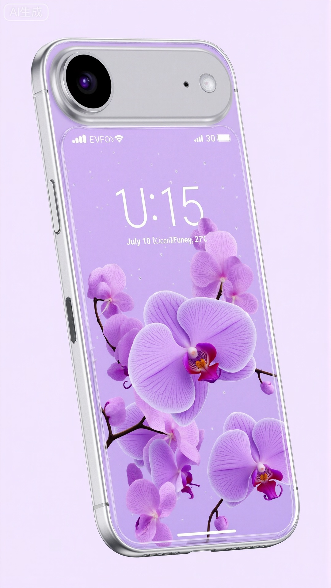 (masterpiece,best quality:1.23),transparent phone,Xiphone17proseries,XiPhone17Pro,XiPhone17Air,XLiquidGlass,Xiphone17air,A transparent phone case featuring an underwater orchid garden. Inside the case,delicate purple and white orchid petals float in a light purple bubble water,with small lavender bubbles rising to the surface. The liquid is a soft purple,reminiscent of a serene orchid garden. The phone screen displays the time (19:30),date (July 10, Tuesday, Sunny, 27℃),and incorporates orchid elements. The color atmosphere is a blend of purple and white petals against a solid light purple background,conveying a sense of elegance and mystery. Details are enhanced: the intricate shapes of the orchid petals,the gentle movement of bubbles weaving through the petals,and the screen's light and shadow effects refracted by the liquid.,,.Xbigbreasts,XbaifengsongyuYH,Xiphone17air,Xiphone17proseries,Xiphone17proseries,Xiphone17air
