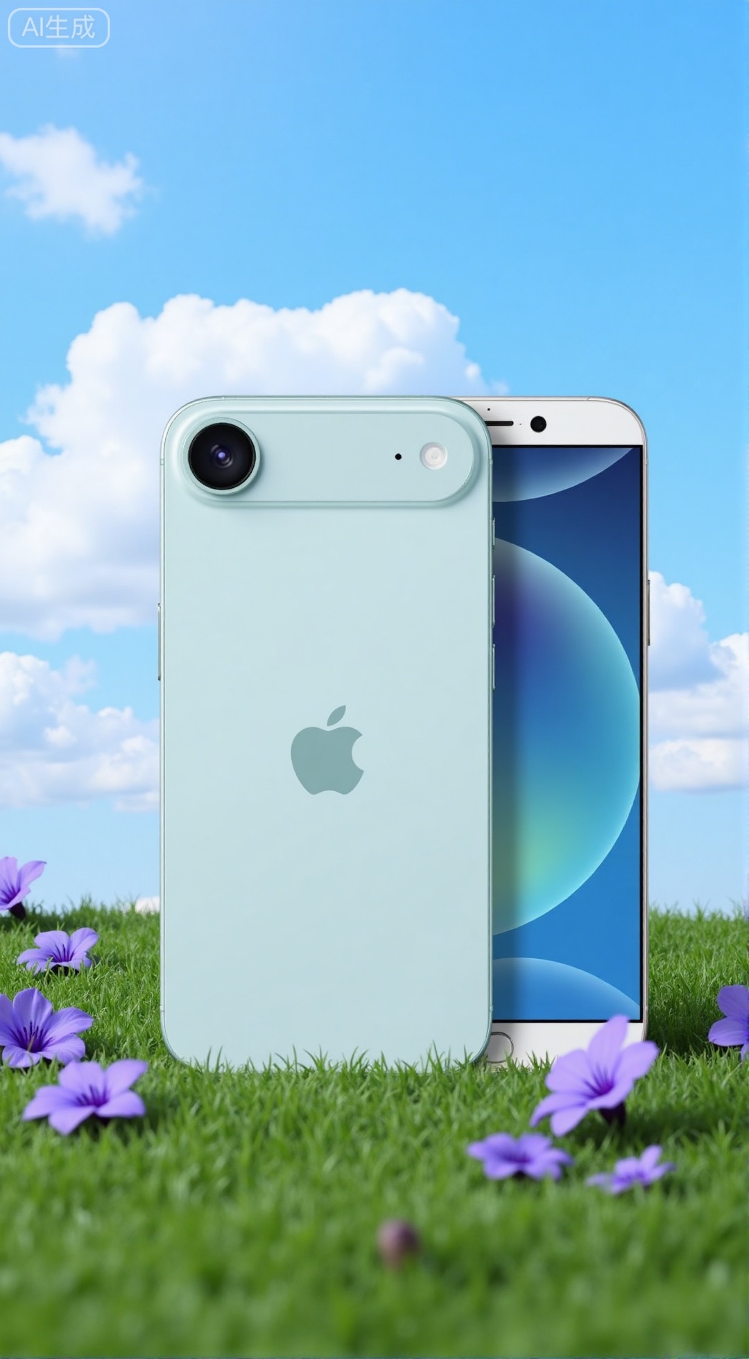 ,(masterpiece,best quality:1.23),An e-commerce photography image featuring a iPhone 17 air smartphone against a blue sky and white clouds,with purple flowers on the grass in the background.,XXbaifengsongyuYH,Xbigbreasts,Xiphone17proseries,Xiphone17air,Xiphone17proseries,Xiphone17air